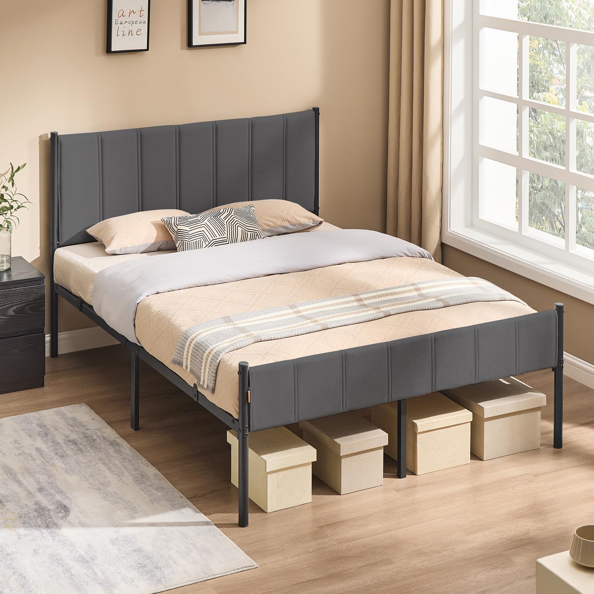 VASAGLE Marco de Cama Doble 135x190 cm Cabecero Tapizado Metal 500 kg Capacidad Peso Gris Pizarra
