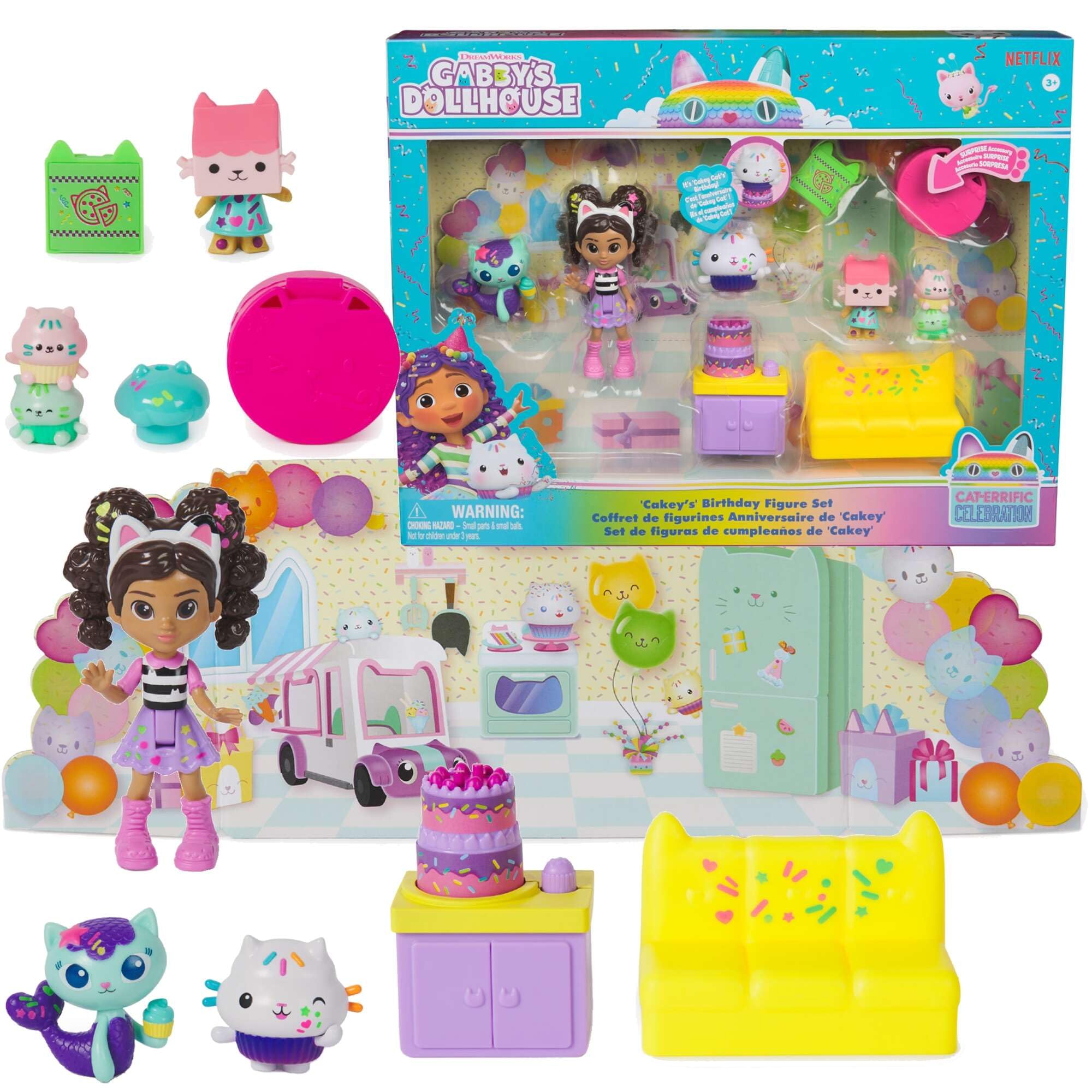 Gabby Dollhouse, Birthday Cakey Figure Set with Girl Gabby, 4 Figures, Surprise Toys & Doll House Accessories, Kids Toys for Girls & Boys 3+