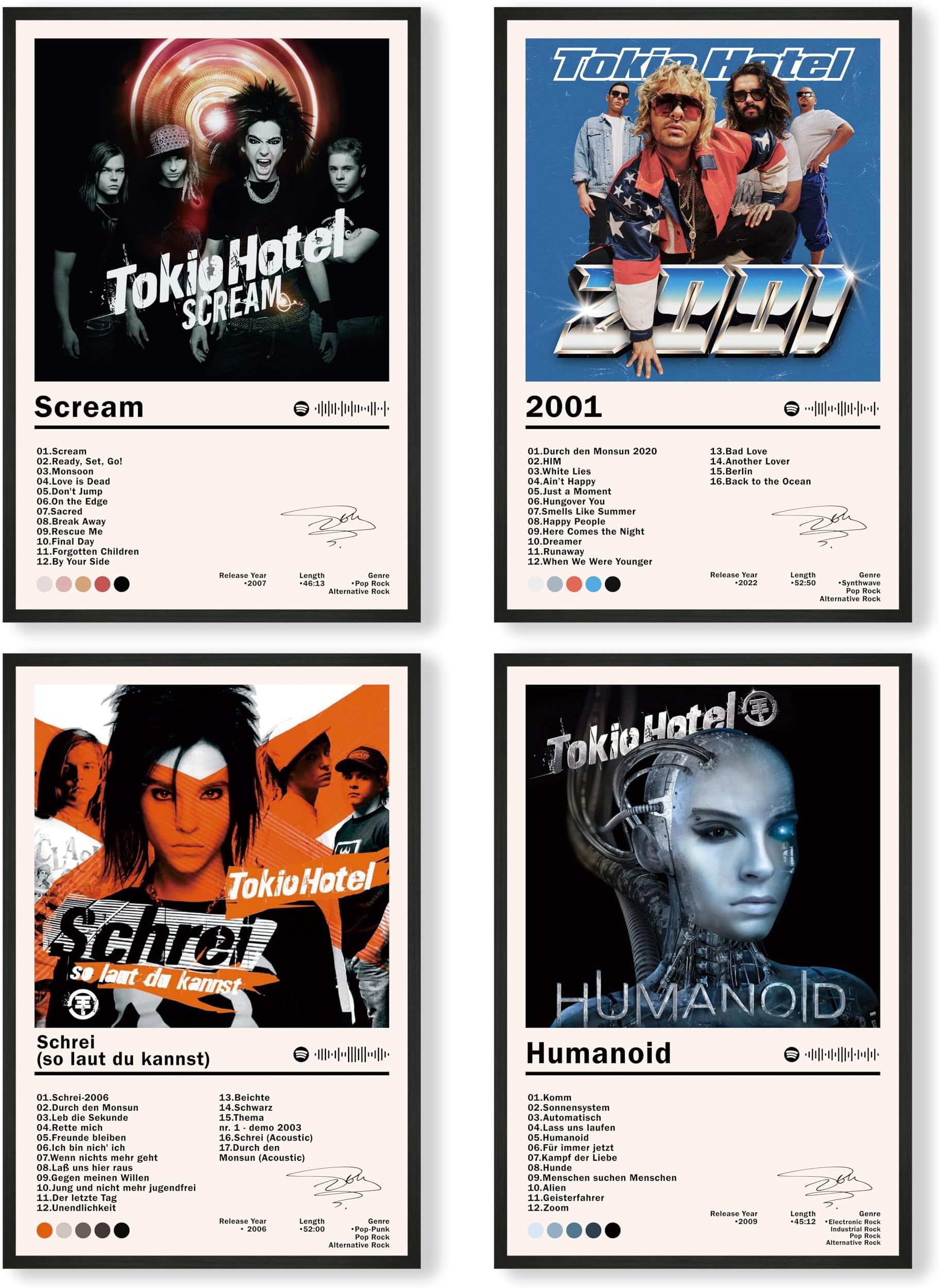Tokio Hotel Poster Rock Band Posters Album Cover Posters for Room Aesthetic Limited Edition HD Bedroom Music Decor Art (Set of 4, 8in x 12in, Unframed)