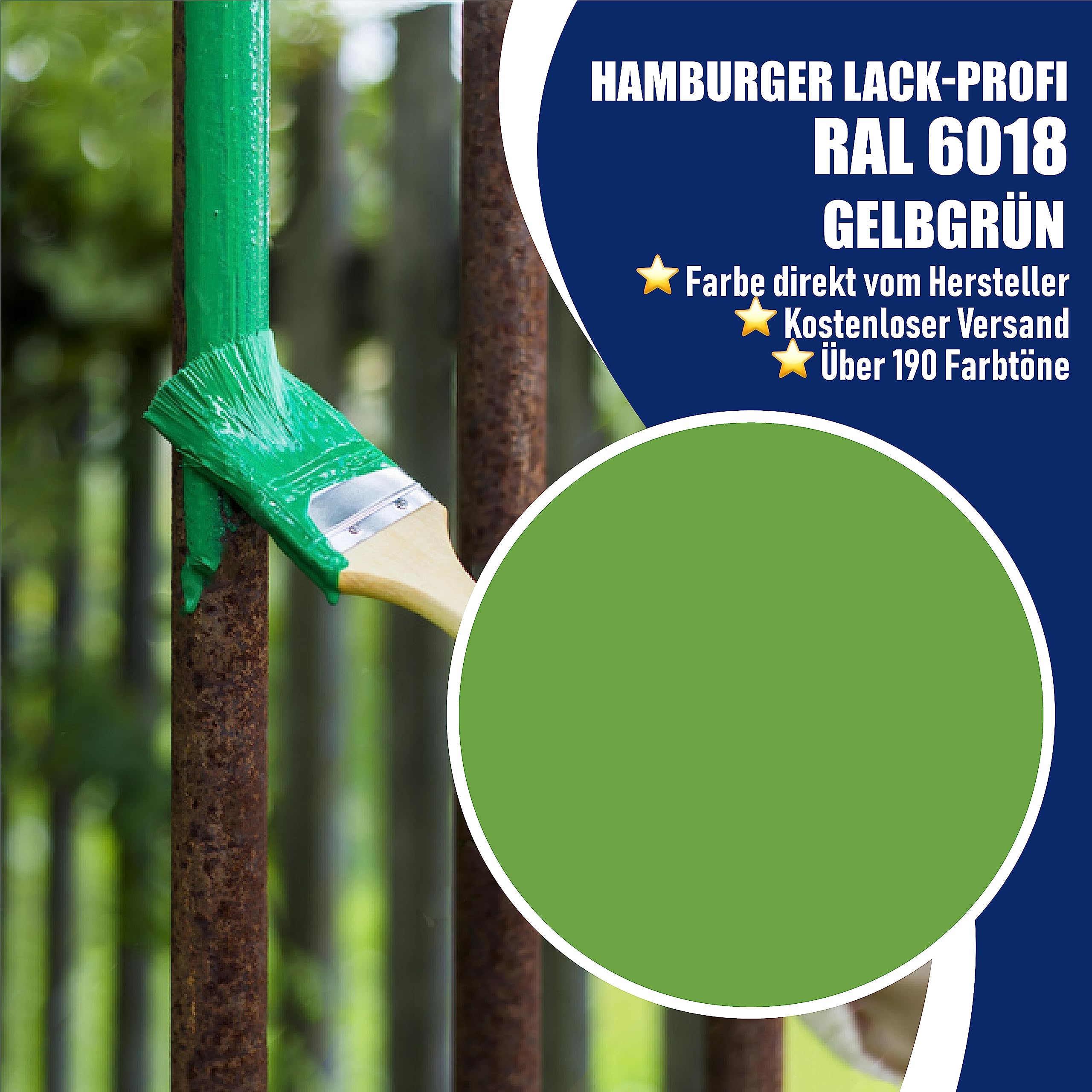 Metallschutzlack 3in1 SEIDENMATT Gelbgrün RAL 6018 Grün Metallschutzfarbe 3-in-1 Grundierung, Rostschutz und Deckanstrich in Einem Metalllack Metallfarbe // Hamburger Lack-Profi (1 L)