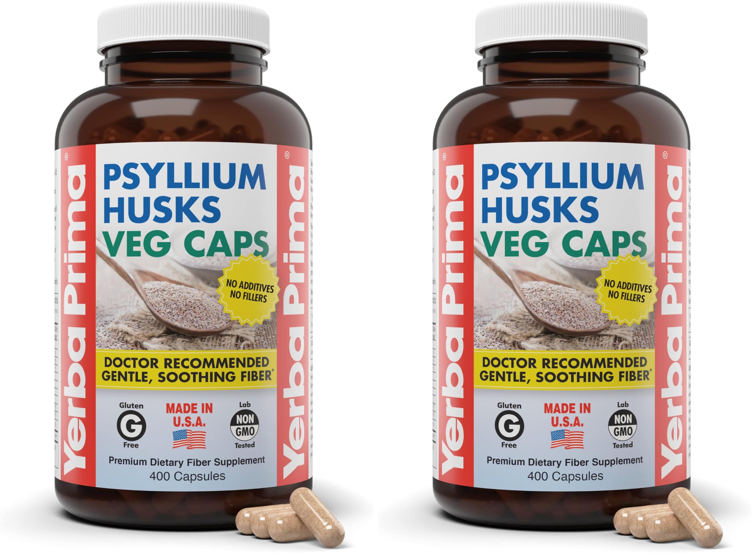 Yerba Prima Psyllium Husks Veg Caps, 400 Capsules (625mg) - Vegan, Non-GMO, Gluten Free, Colon Cleanser, Daily Fiber Supplement for Gut Health & Regularity (Pack of 2) 400 Capsule (Pack of 2)