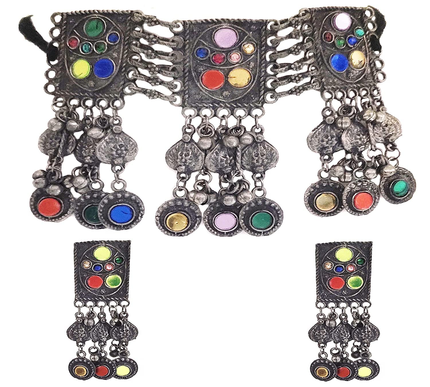 Afghani Tribal Gypsy with Ghungroo Bells Multi-color Mirror Beads Black Polish Oxidized Statement Choker Necklace Earrings Set Jewelry