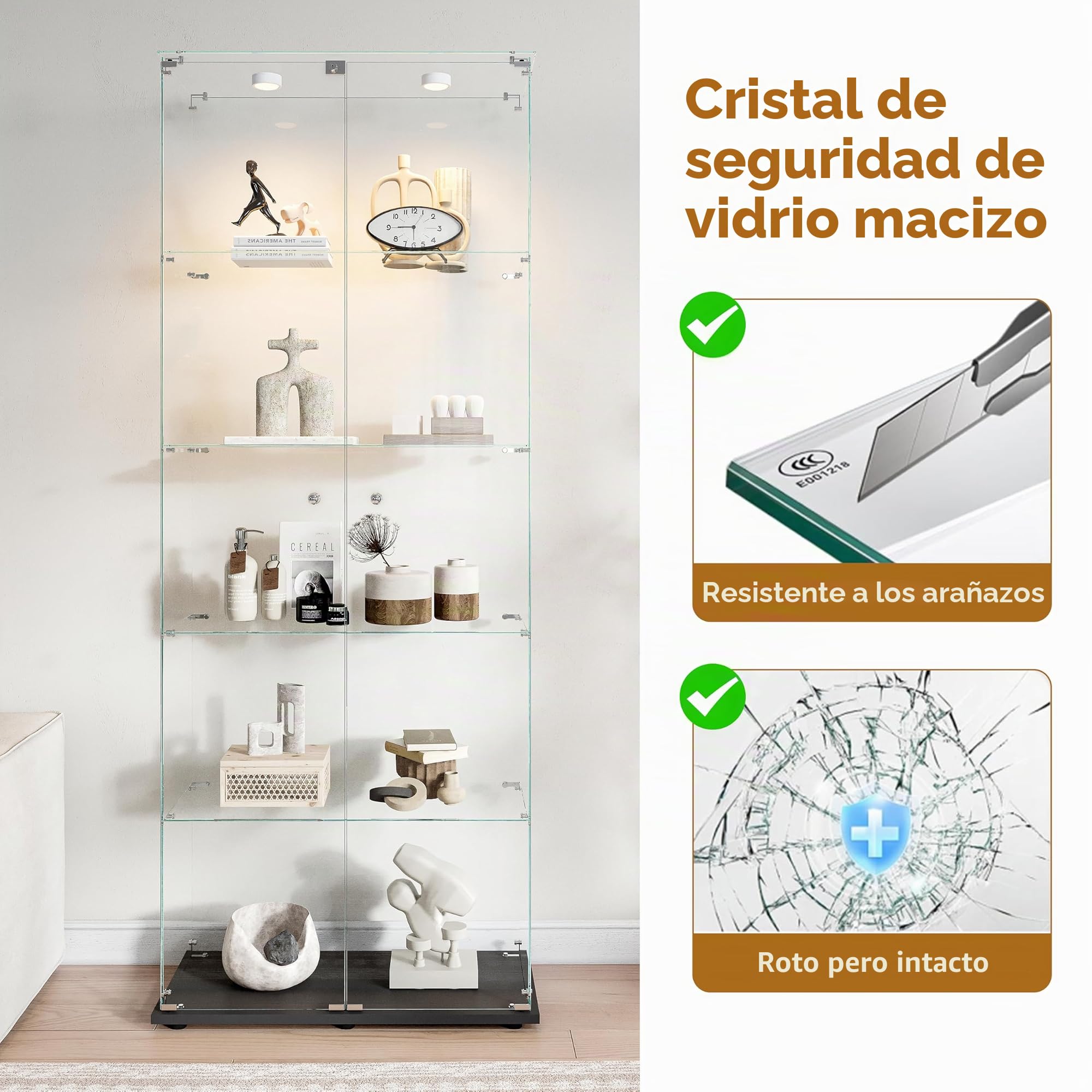 Vitrina de cristal con luces LED de pie, vitrina de cristal, 5 pisos, 2 puertas, armario de cristal adecuado para salón, dormitorio, oficina y bares (negro, 5 niveles, 2 puertas + LEDA)