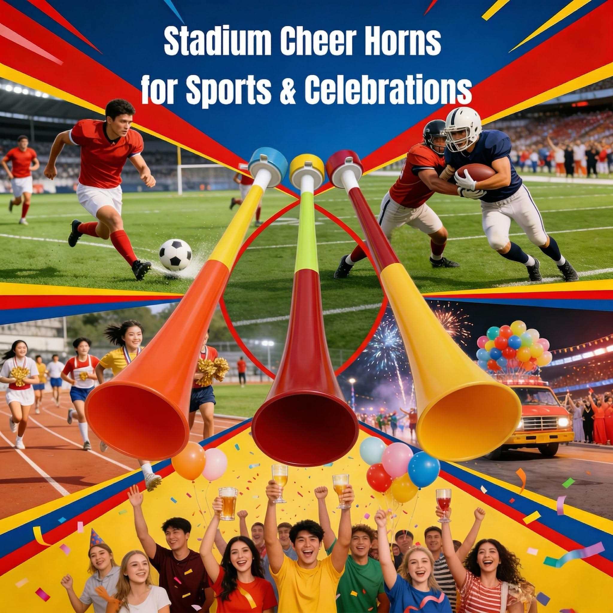 Lot de 6 klaxons de stade extensibles Vuvuzela, 27,9 cm, grand fabricant de bruit pour ventilateurs, klaxon de soufflage en plastique pour hayon, fournitures de fête et accessoires