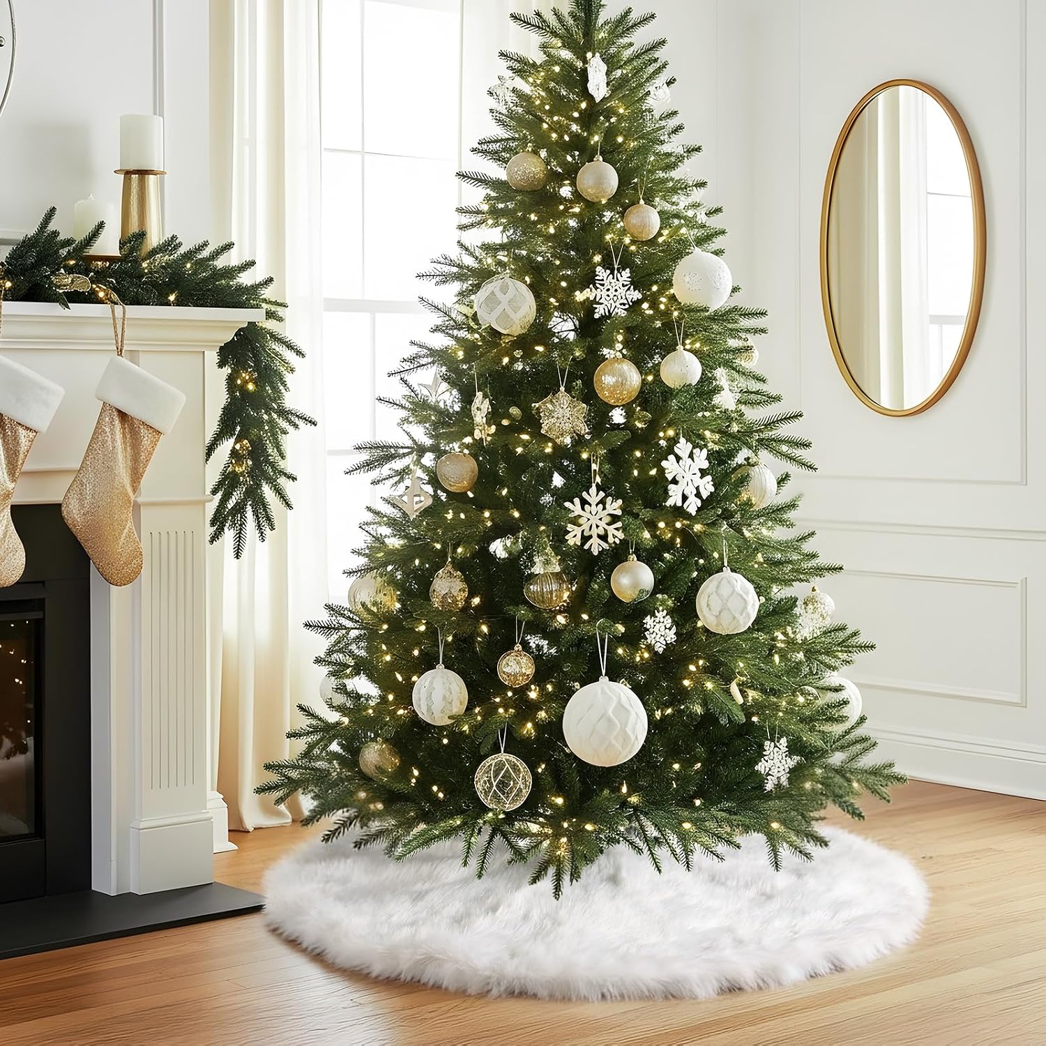 MACTING Faux Fur Christmas Tree Skirt 30 Inch White Plush Skirt Fluffy Soft Double Layer Small Tree Mat Base Cover for Merry Christmas Party Holiday Home Indoor Xmas Tree Decorations