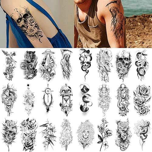 GLARYYEARS - Tatuaje temporal para adultos, paquete de 24 tatuajes grandes y creativos realistas, paquete variado de calcomanías de tatuaje falso