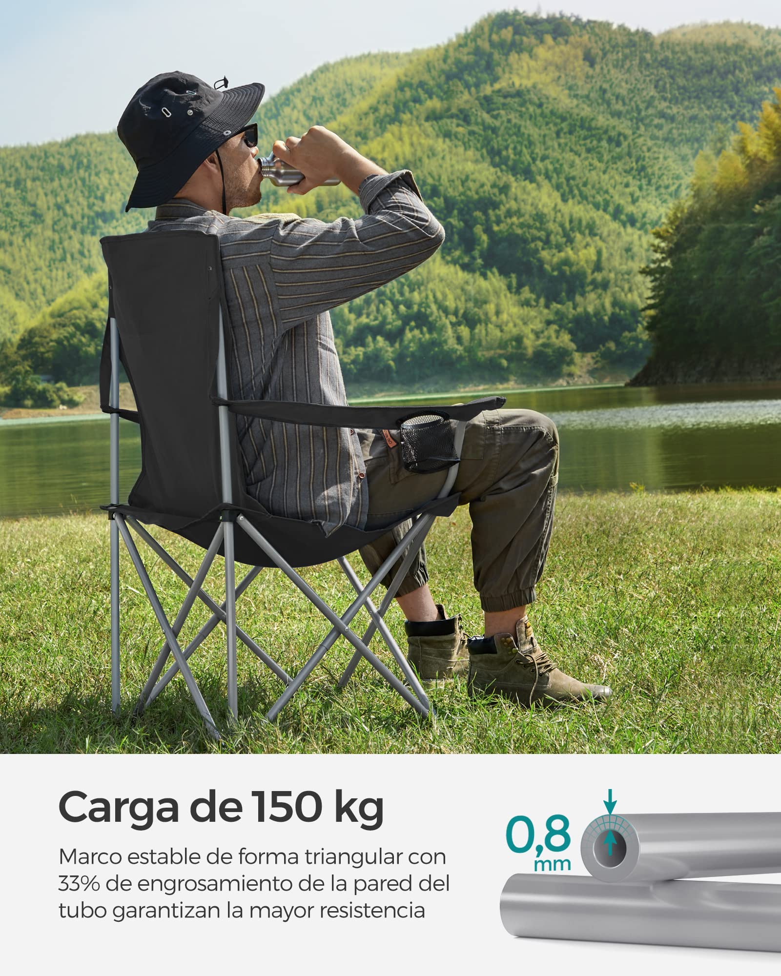 SONGMICS Sillas de Camping, Juego de 2 Sillas de Exterior, Respaldo Alto, Apoyabrazos, Bolsillo para Tazas, Portátil, Plegable, Carga de 150 kg, Acampada, Jardín, Pesca, Terraza, Negro GCB08BK