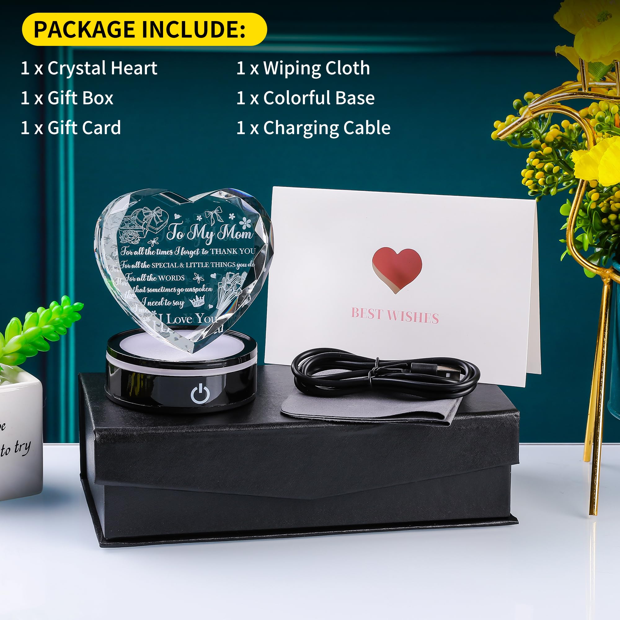 Regalo de corazón de cristal con base LED, mensaje grabado con láser «A Mother's Love is Forever», regalo significativo de cumpleaños, día de la madre de parte de su hija, hijo, recuerdo de