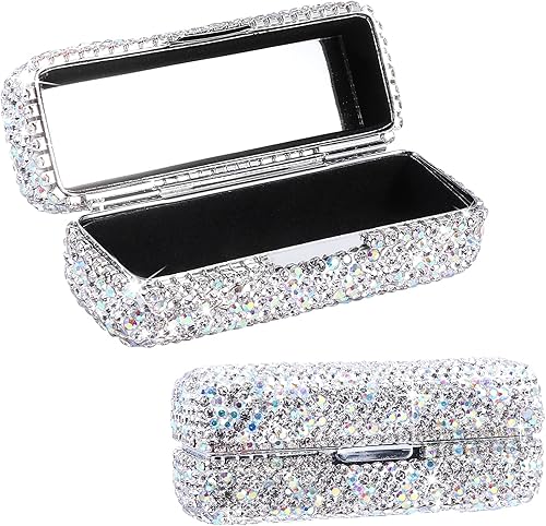 homfanseec Estuche de lápiz labial con diamantes de imitación con espejo, caja de lápiz labial de cristal con diamantes de imitación, caja de