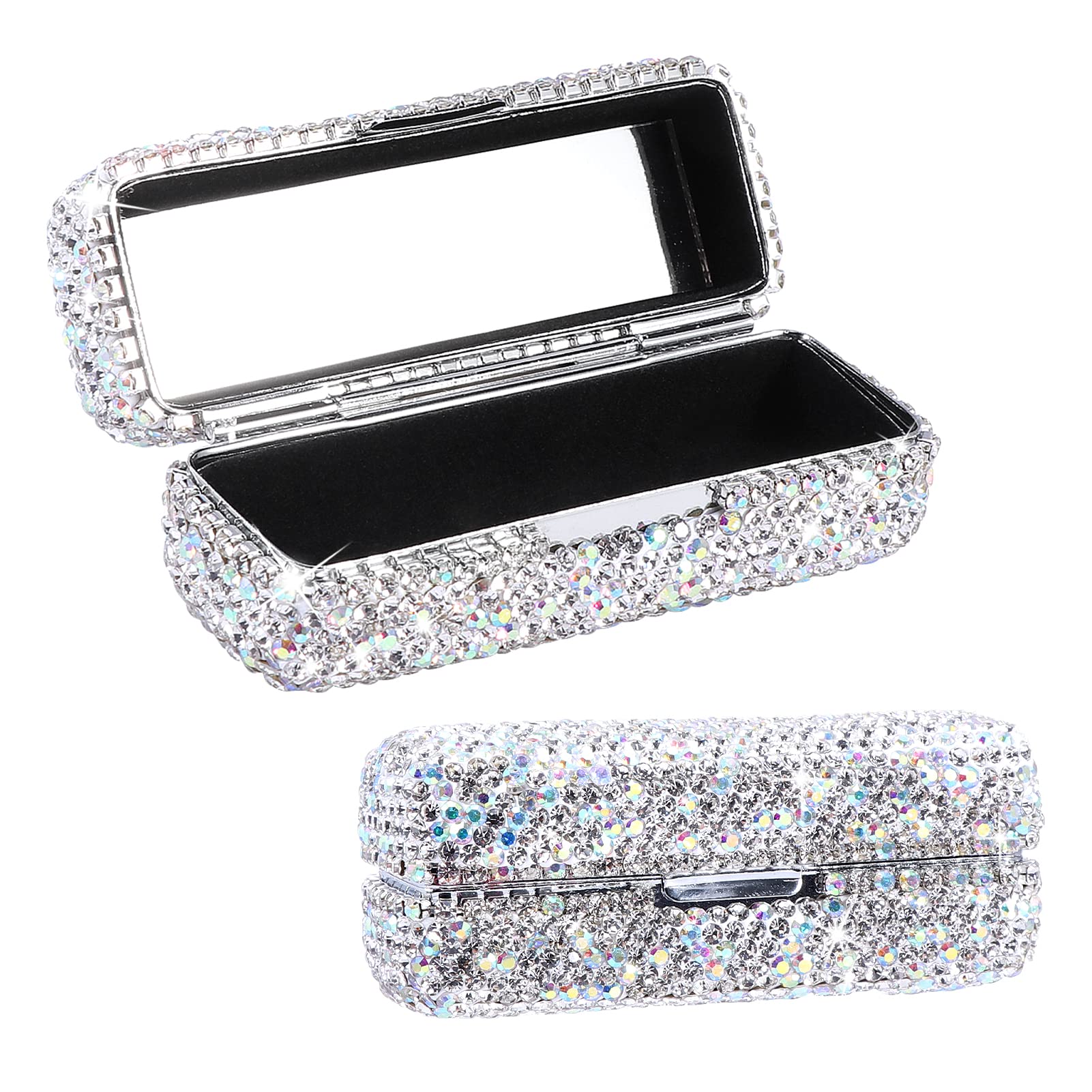 homfanseecRhinestone Lipstick Case with Mirror, Bling Crystal Lipstick Case Diamonds Makeup Cosmetic Storage Box Lipstick Holder for Purse Ladies Fashion(Silver Color)