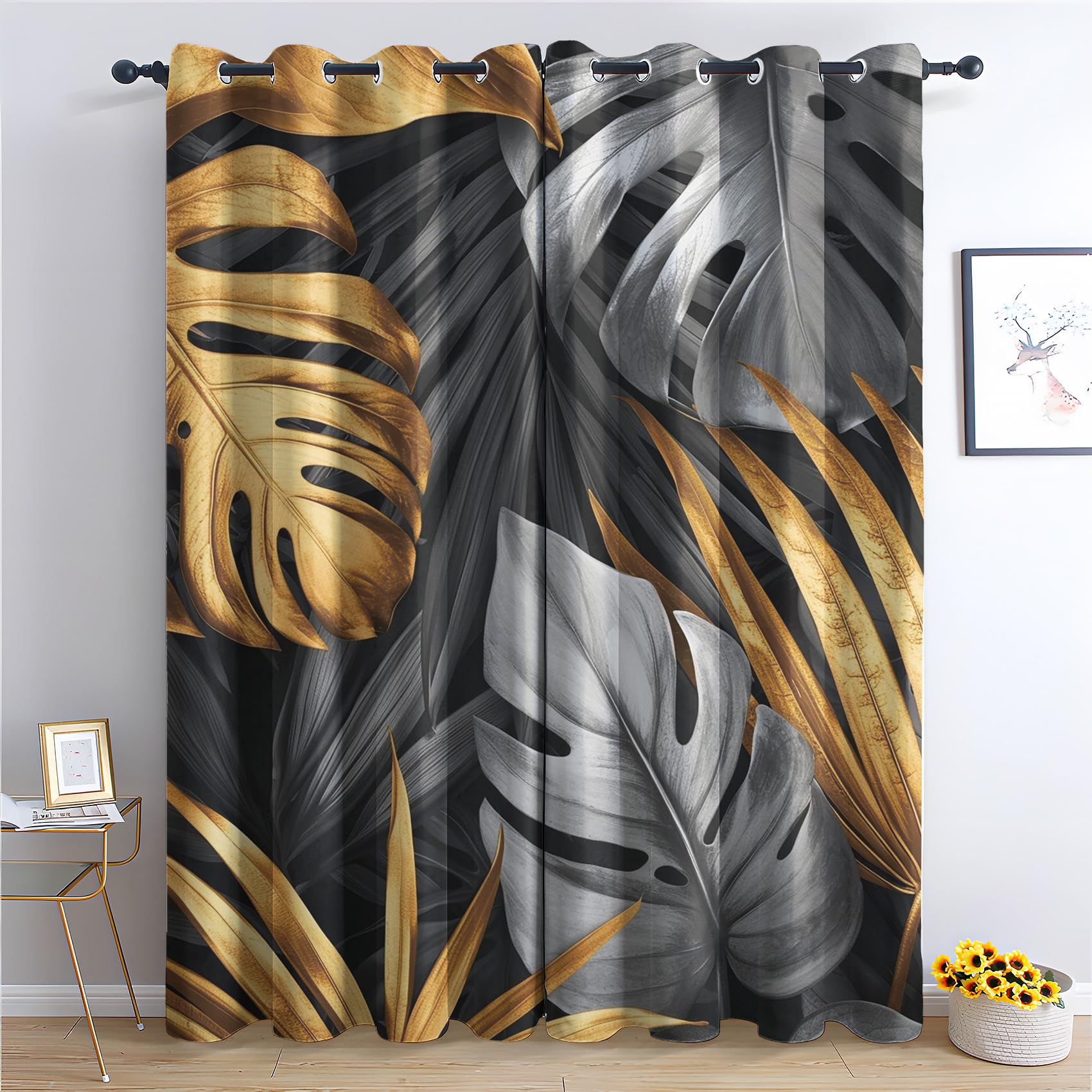 Zcwl Gold Grey Leaf Curtains For Bedroom Living Room - Leaves Blackout Curtains - Thermal Eyelet Curtains & Drapes - 90 Drop Patterned Window Treatments - 90X90 Inch (W X L) 2 Panels