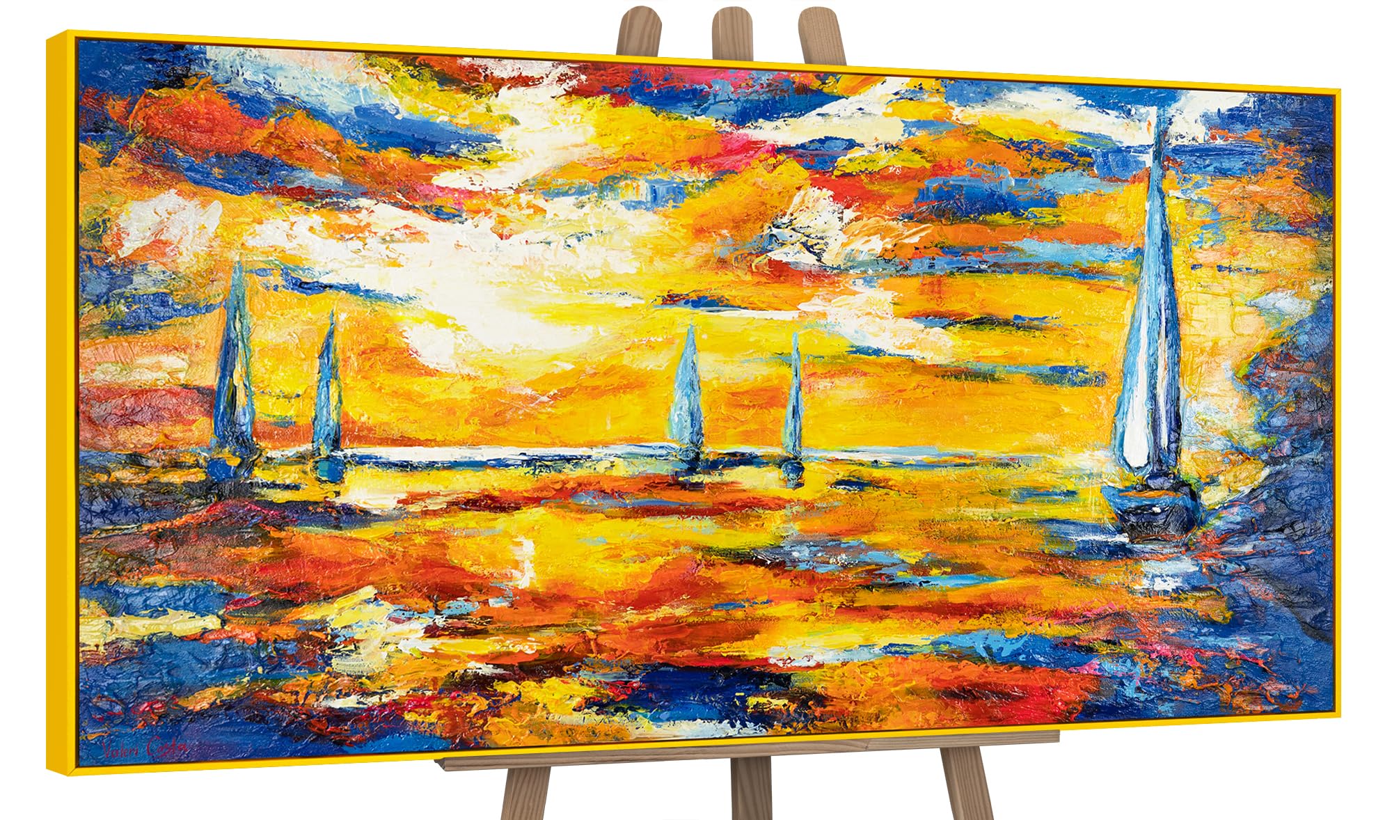 YS-Art Original Abstract Handmade Painting – Colorful Sailboats at Sunset, Textured Acrylic Seascape on Canvas, Framed Wall Art for Living Room 48x24 inches