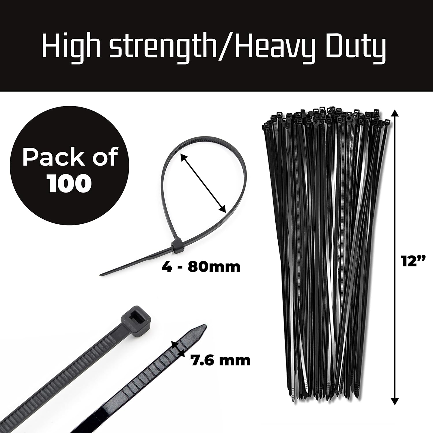 Bolt Dropper 12" Black Zip Cable Ties (100 Set), 120lbs Tensile Strength - Heavy Duty, Self-Locking Durable Plastic Cable Wire Ties for Indoor and Outdoor by Bolt Dropper (Black)