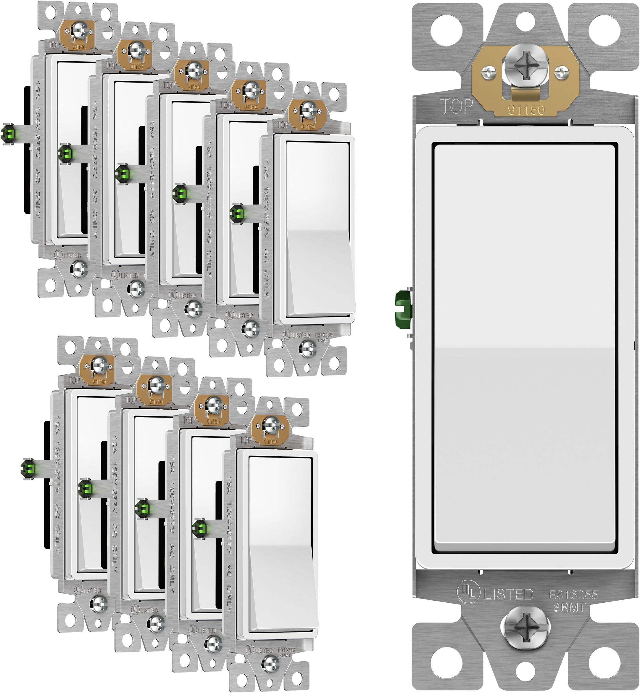 ENERLITES Decorator Paddle Rocker Light Switch, Gloss Finish, Single Pole, 3 Wire, Grounding Screw, Residential Grade, 15A 120V/277V, UL Listed, 91150-W-10PCS, White (10 Pack)