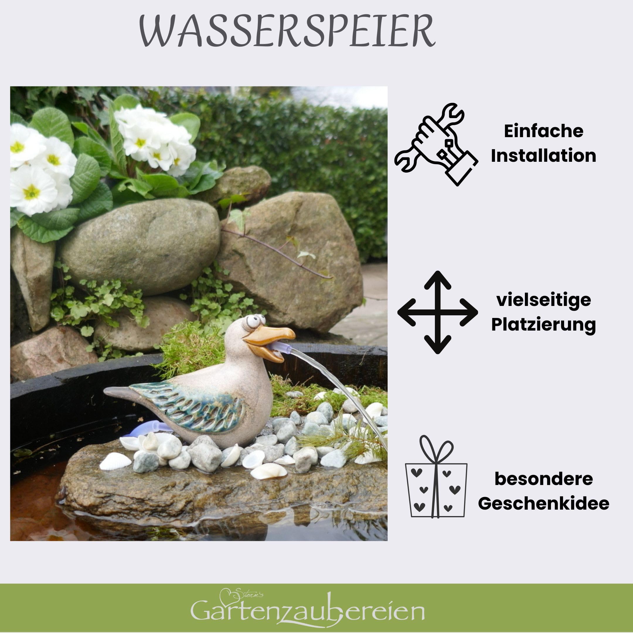 Solar-Wasserspeier Möwe für Teiche und Miniteiche - Keramik Tierfigur mit Solarpumpe - Garten und Balkondeko, Solarbrunnen