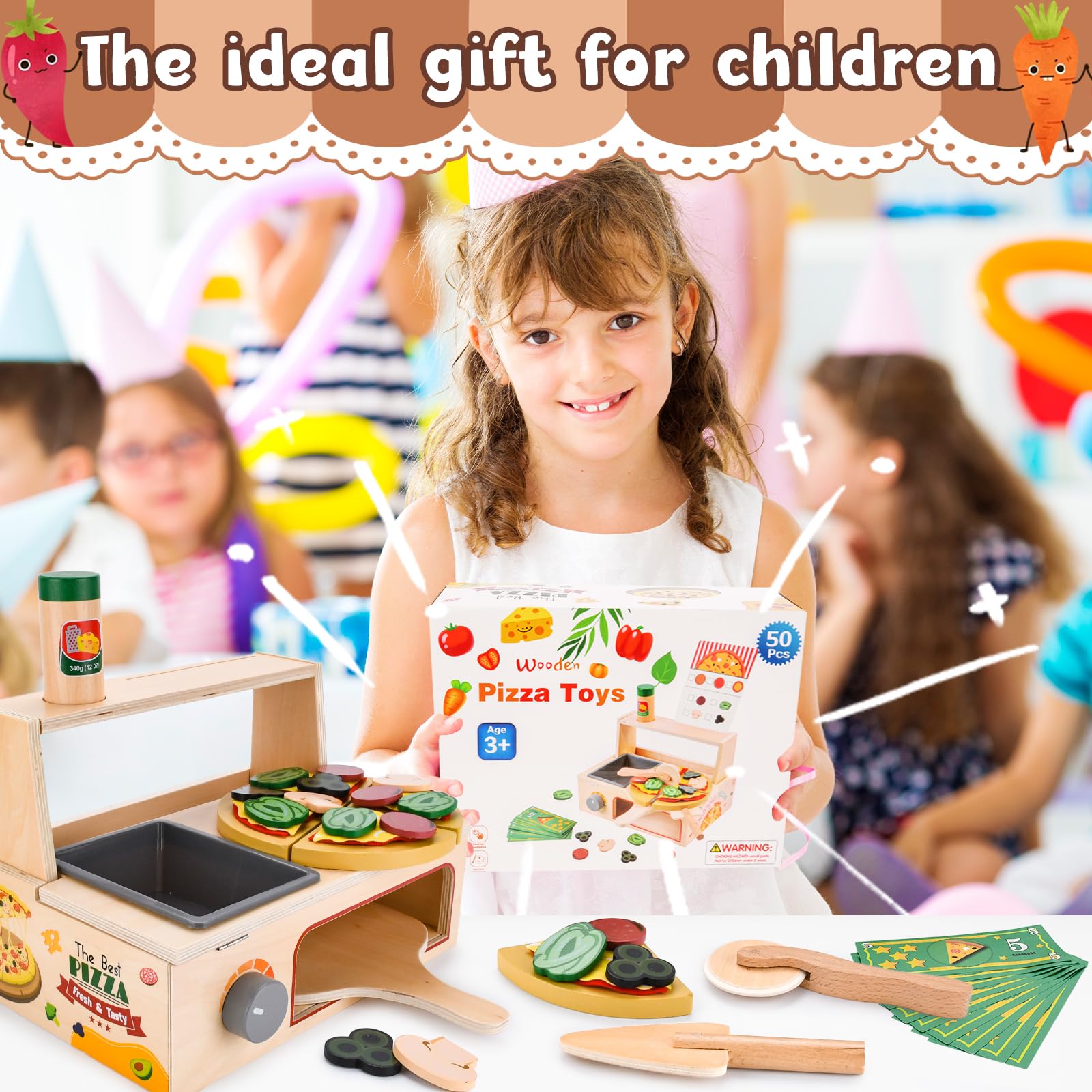 JOYBOY Pizza Giocattolo in Legno,Set Pizza in Legno,Set da Gioco per Pizza,Giocattolo Educativo per L'apprendimento Playset in Legno con Forno,Regalo di Compleanno di Natale per 3 4 5 6 Anni