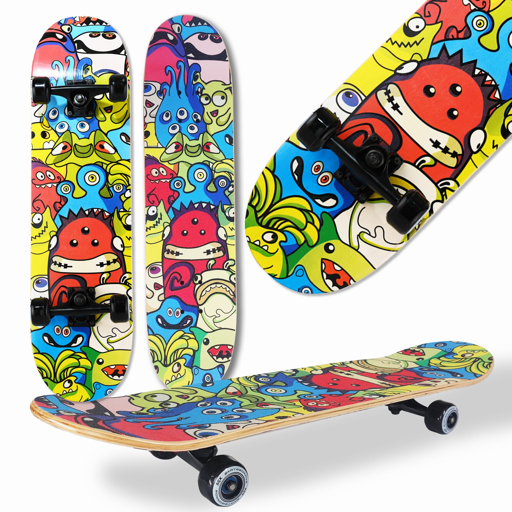 WeLLIFE Skateboard Completo per Principianti - Serie RGX in Legno 80x20 cm, 9 Strati d’Acero Concavo Double Kick, Cuscinetti Abec-7, Disegno su Grip Tape - Adatto a Bambini, Giovani e Adulti