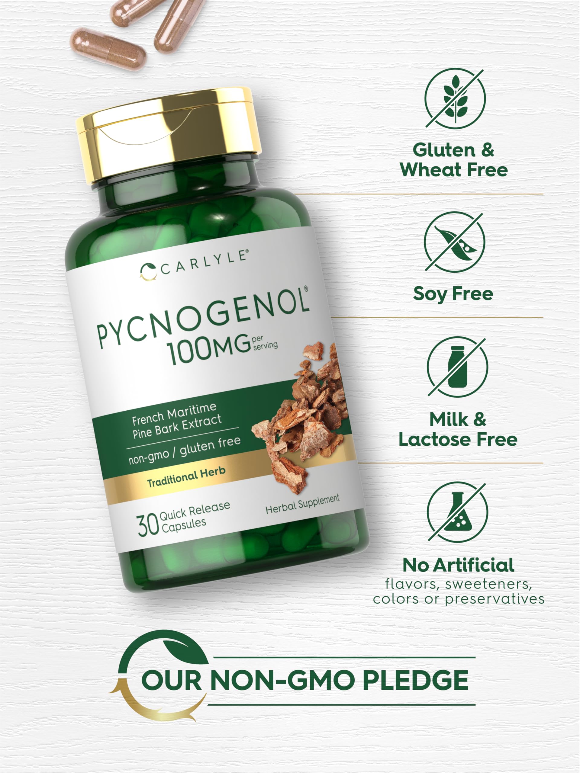 Carlyle Pycnogenol 100mg | 30 Capsules | French Maritime Pine Bark Extract | Pinus Pinaster | Non-GMO and Gluten Free Supplement