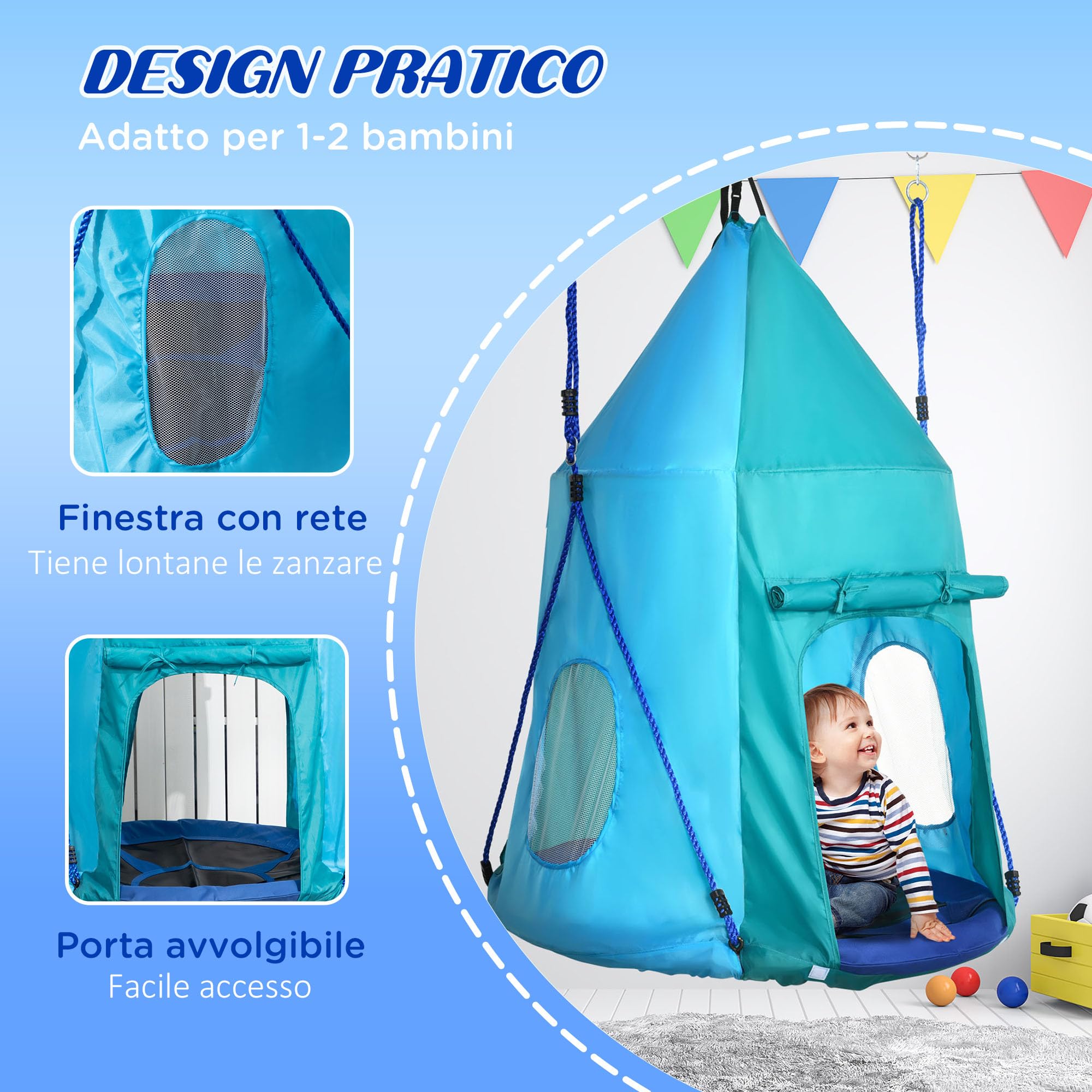 Outsunny Altalena Per Bambini 3-8 Anni Da Giardino Con Seggiolino E Picchetti 163x145x181 Cm Blu E~1dtuboekbg801
