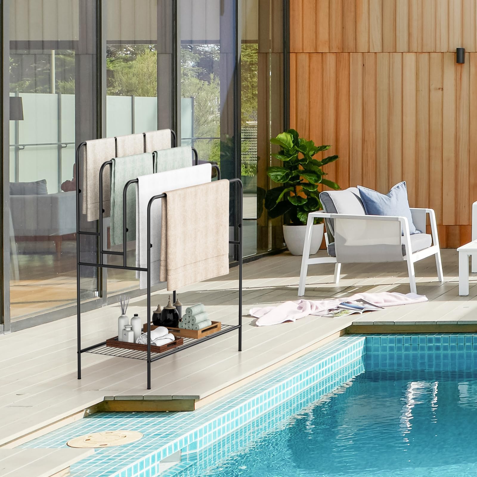 Porte-serviettes autoportant pour salle de bain, support de courtepointe pour salon, piscine extérieure, séchage de serviettes pour salle de bain, support d'échelle à 4 niveaux pour serviette de bain