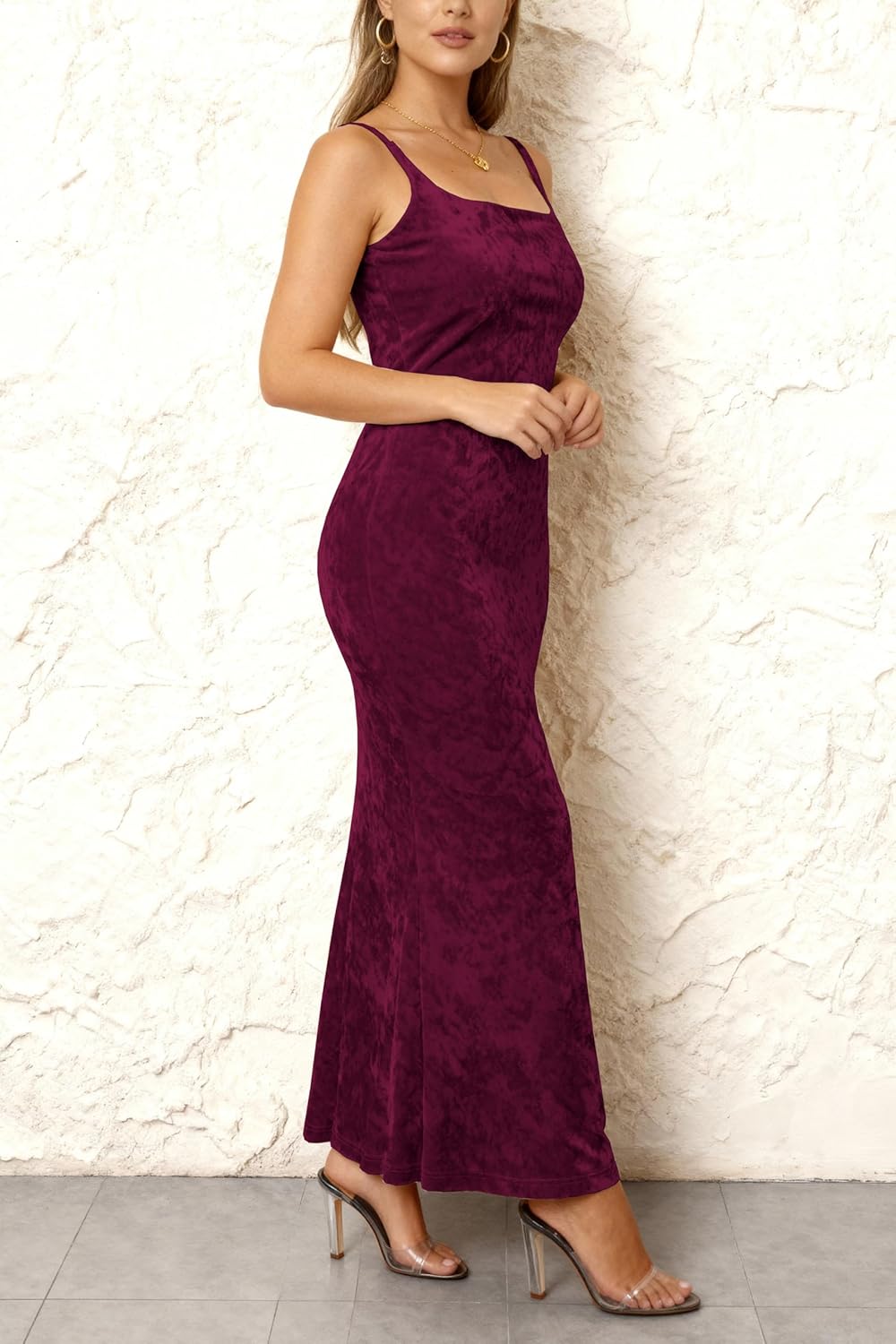 Womens Velvet Adjustable Spaghetti Strap Bodycon Maxi Cocktail Dress Backless Scoop Neck Club Party Long Dresses - Image 4