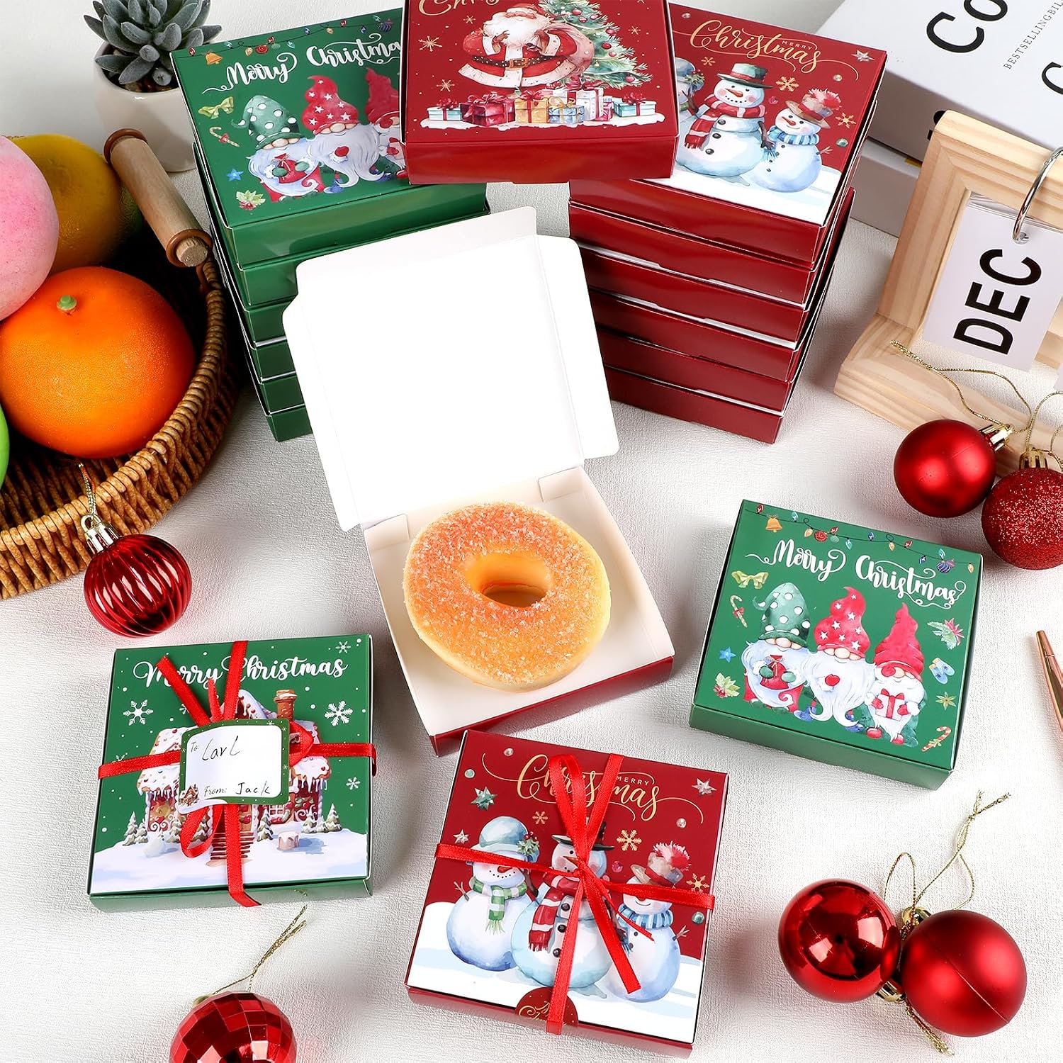 80 PCS Christmas Mini Pizza Boxes, 3.54 x 3.54 x 0.78 Inch Square Cardboard Small Reusable Pizza Box Lock Corner Coated Kraft Boxes Bulk for Celebrations Cookies Cake Party Favors Christmas