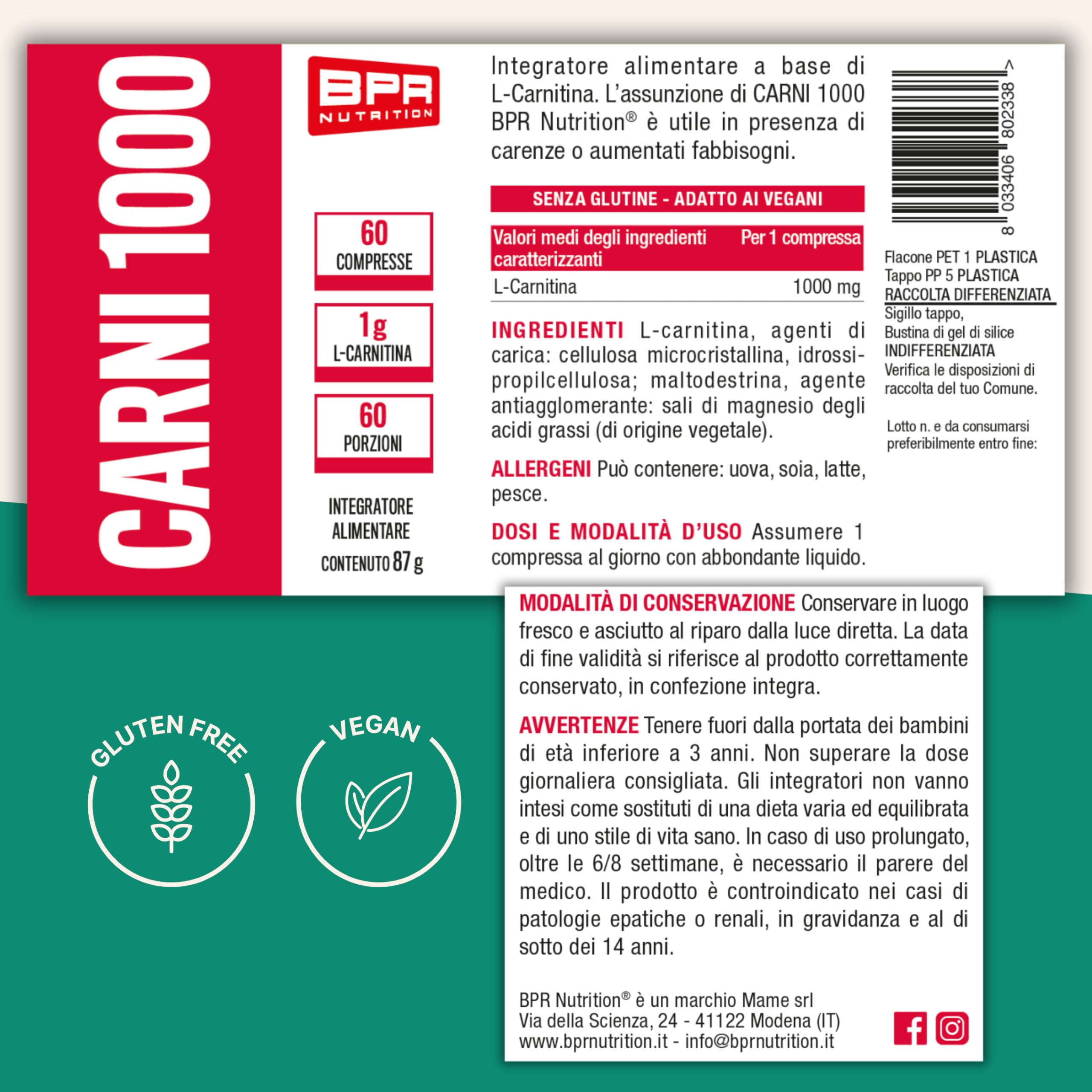 BPR Nutrition - Carni 1000 - Integratore di L- Carnitina in compresse
