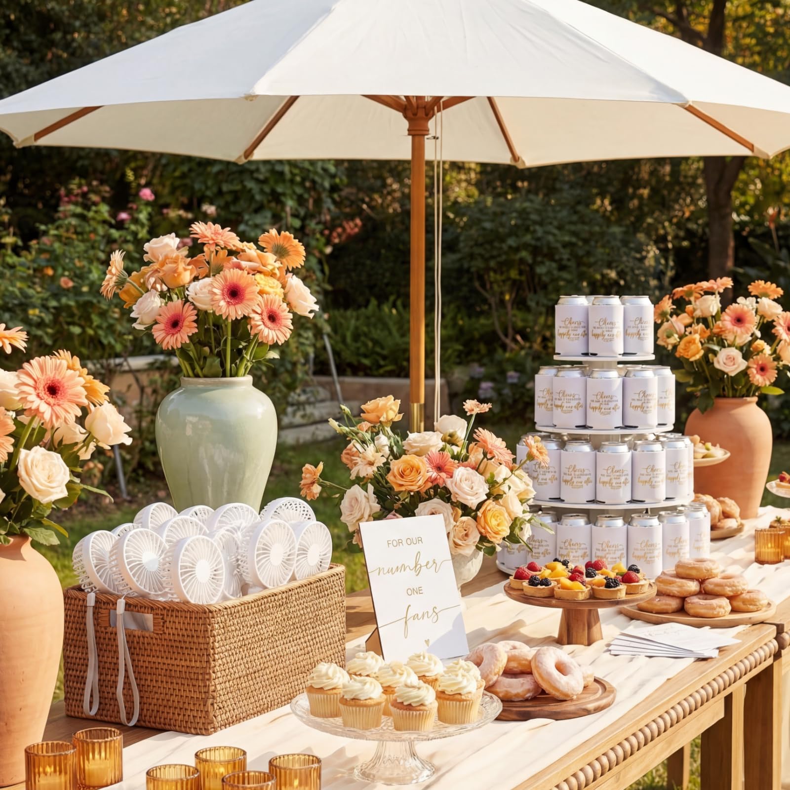 Hortsun Mini-Handventilator-Set für Hochzeit, Großpackung für Gäste, tragbar, persönlich, kleine Fächer, Dosenkühlerhüllen mit 1 Holz-Tischschild für Sommer, Verlobung, Brautparty, Gastgeschenke