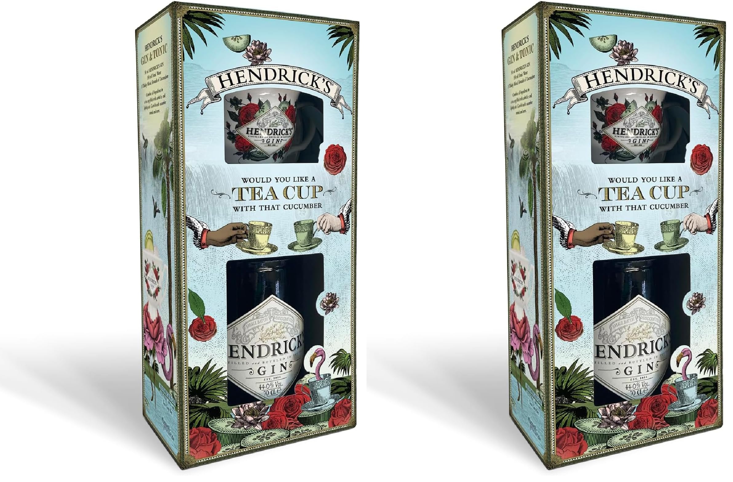 Hendrick’s Original Geschenkset, 70 cl – der kurios-köstliche Spirituose mit Rosen- und Gurkenessenzen | Geschenkset mit Teetasse und Untertasse für ungewöhnliche Gin & Tonics (Packung mit 2)