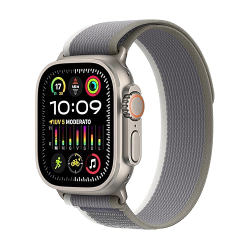 Immagine del prodotto Apple Watch Ultra 2 GPS + Cellular 49mm Smartwatch con robusta cassa in titanio e Trail Loop verde/grigio - M/L. Fitness tracker, GPS di precisione, tasto Azione, batteria a lunghissima durata