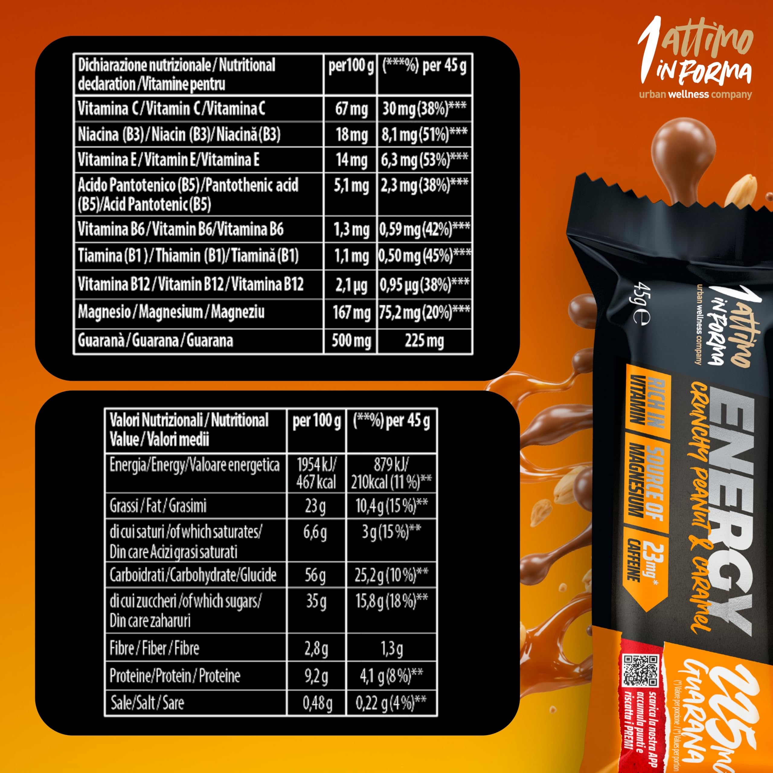 1 ATTIMO IN FORMA Barrette Energetiche Crunchy 24x45g Cioccolato al Latte, Arachidi e Caramello, Barretta Energetica con Magnesio, Vitamine e Guarana Barrette Cioccolato per Sport e Ciclismo