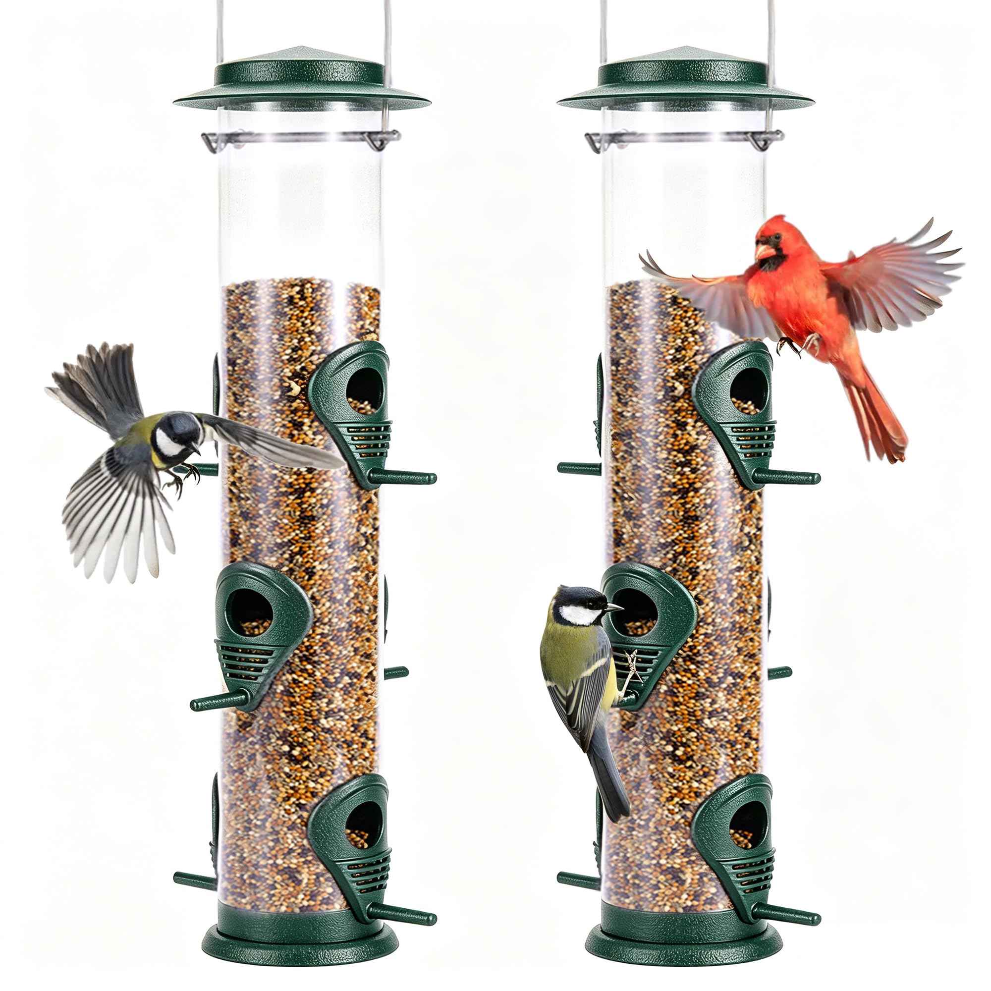 Metal Bird Feeder Tube Hanging Feeders Wild Bird Seed Feeder Heavy Duty Metal 6 Port Bird Feeders with Steel Hanger Weatherproof and Water Resistant Great for Attracting Birds Green-2pk