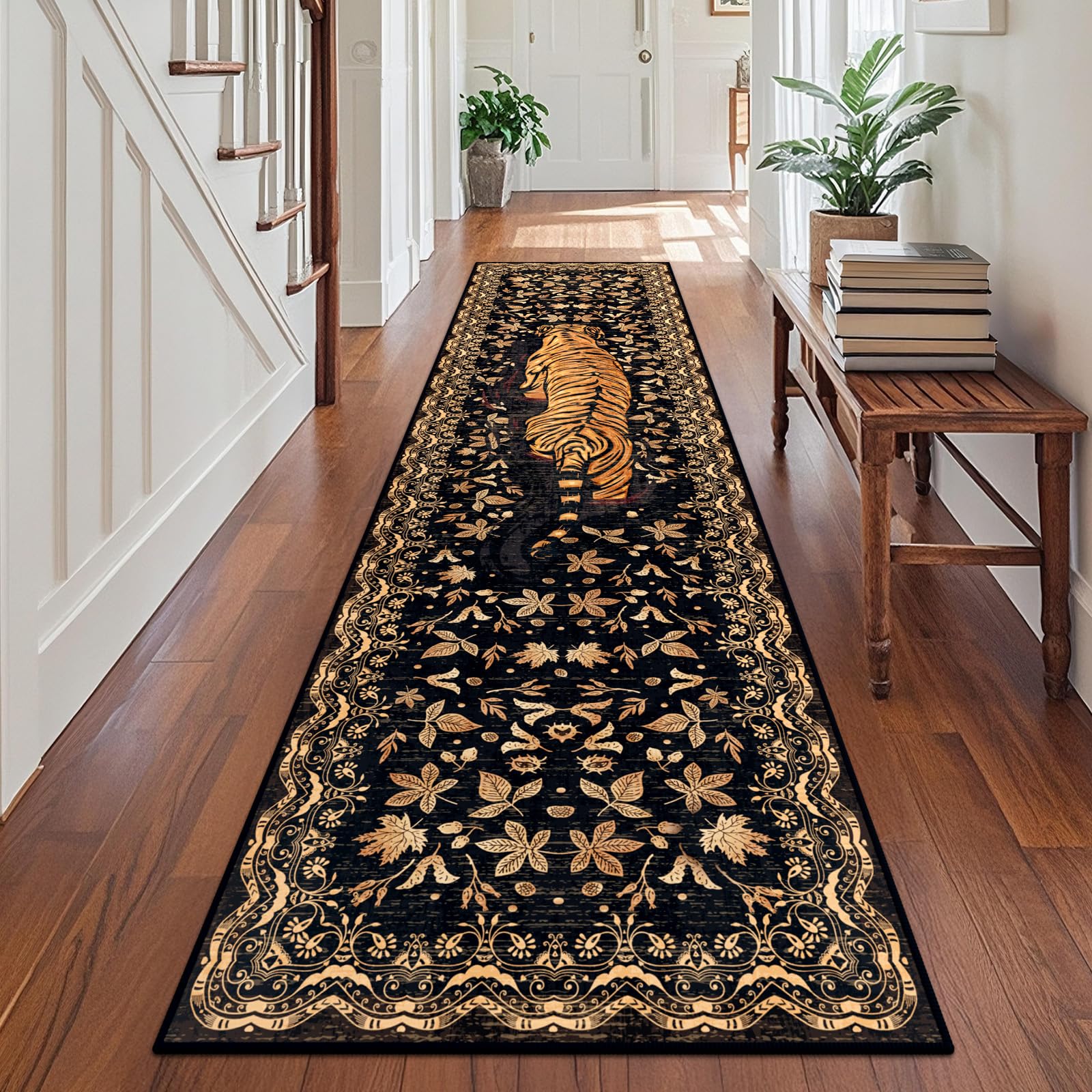 TUKDAK Tiger Hallway Runner Rug 60x240cm,Black Gold Washable Kitchen Carpet Runners with Non-Slip Rubber Backing,Short Pile Non-Shedding Bedroom Rug,Vintage Animal Floor Mat Entryway Door Entrances