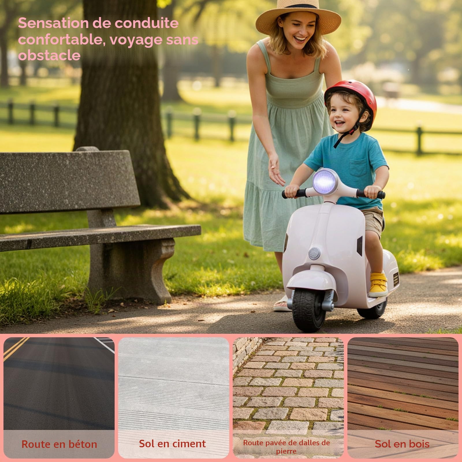 MAMIZO Moto Électrique pour Enfants 6V, Moto Électrique à 3 Roues, Marche Avant et arrière, avec Dossier, Phare, USB, pédale, Musique, 72 x 56 x 37 cm, 2km/h, Max 20kg, pour Enfants de 3-6 Ans, Blanc