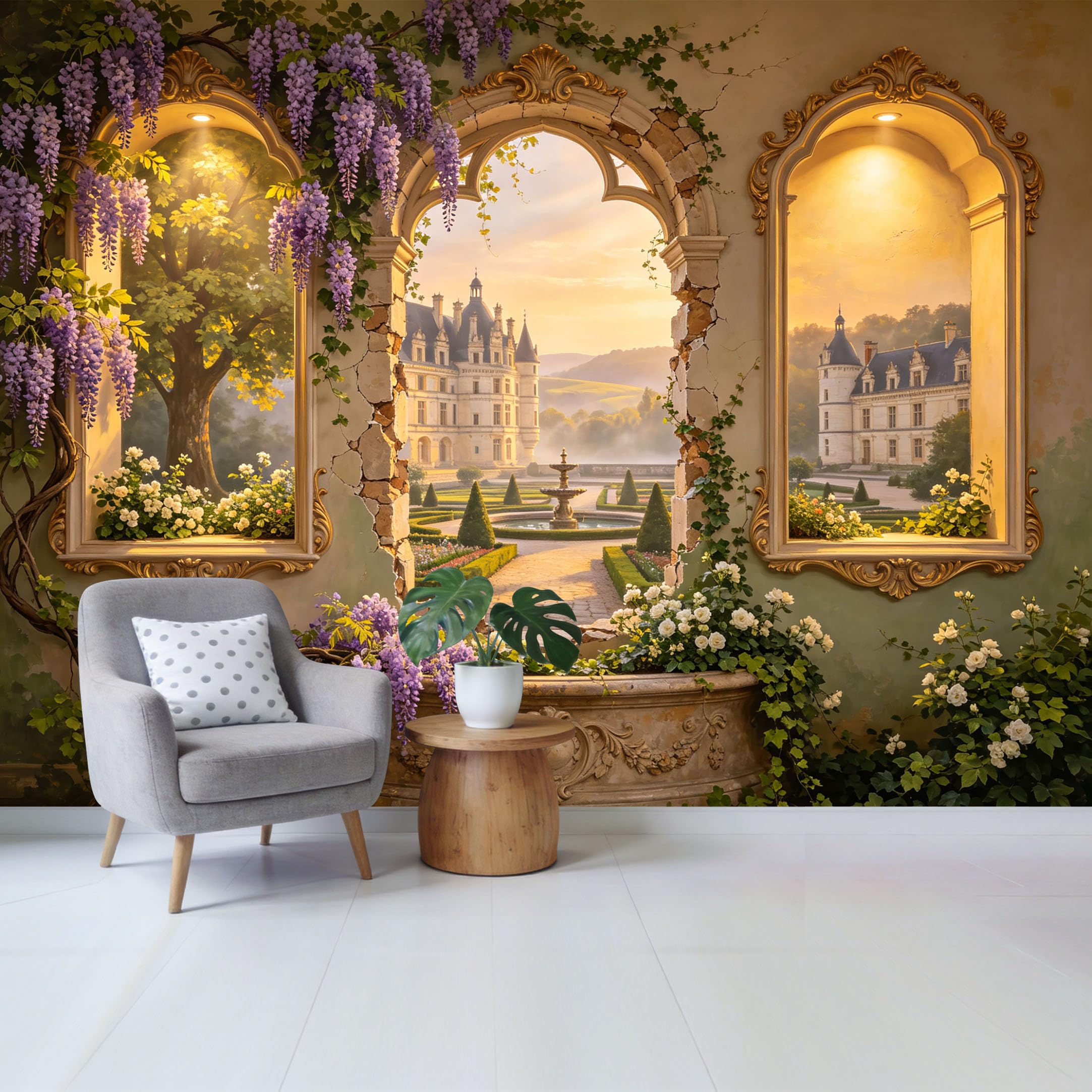 Custom Size Wall Mural European Castle Garden View Through Arch Windows with Wisteria Vines and Fountain Landscape Removable Self Adhesive Fabric Home Wall Decor for Living Room Bedroom
