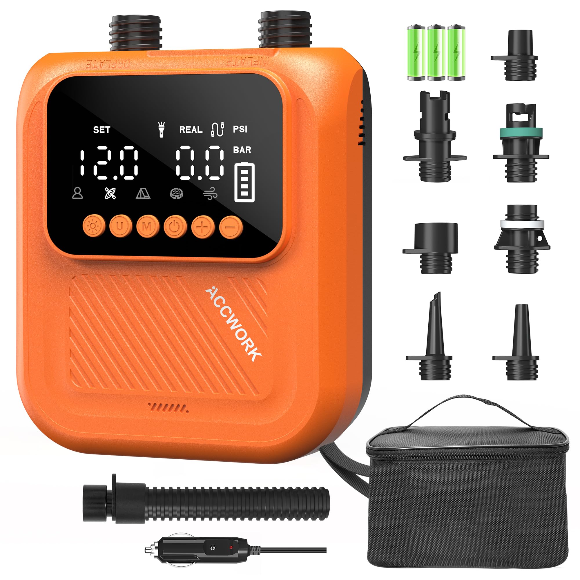 Accwork Electric SUP Pump, 20PSI Rechargeable Paddle Board Pump with 5 Modes, Dual-Stage Inflation and Deflation, Auto-Off, 7 Nozzles for Paddleboard, Kayaks, Inflatable Tents, Mattress