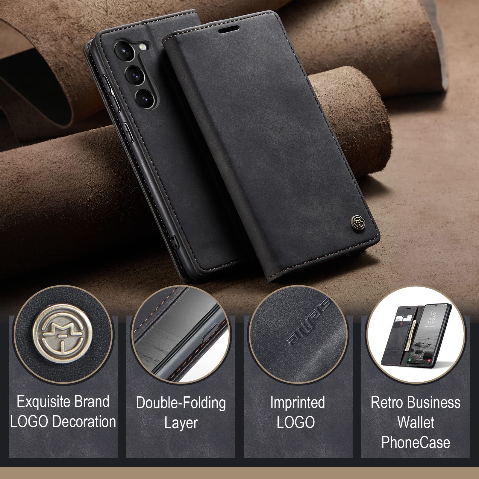 KZB Etui Portfelowe do Samsung Galaxy S23 5G z klapką etui ze skóry PU Premium portfel przegródki na karty magnetyczne funkcja stojaka, Czarny