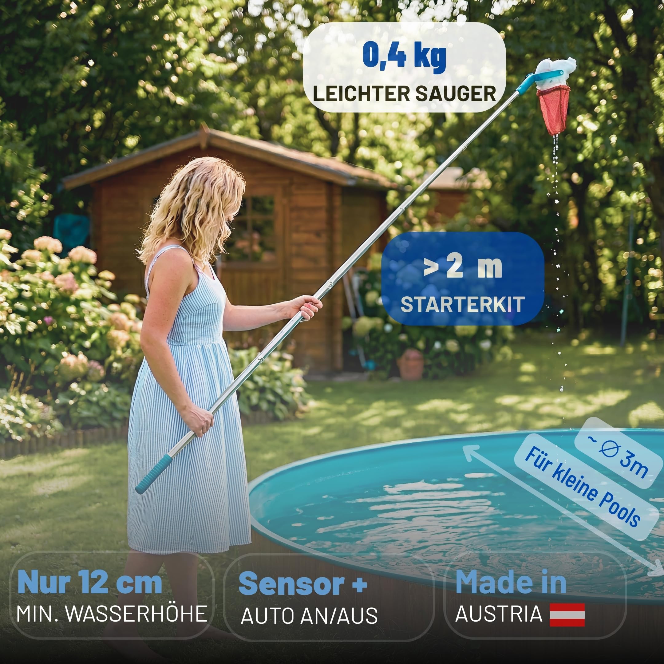 Poolwonder Cleverix Akku Poolsauger – Made in Austria, superleicht & handlich, kabelloser Unterwasser-Sauger zur Reinigung Kleiner Pools, Whirlpools & Aufstellbecken, einfachste Filterentleerung