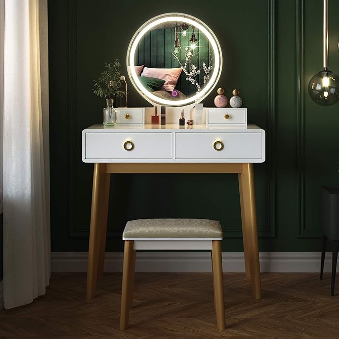 Buy Vanity Table Set,Makeup Table with Oval Mirror & Stool, Bedroom Wood Dressing Table with 4
