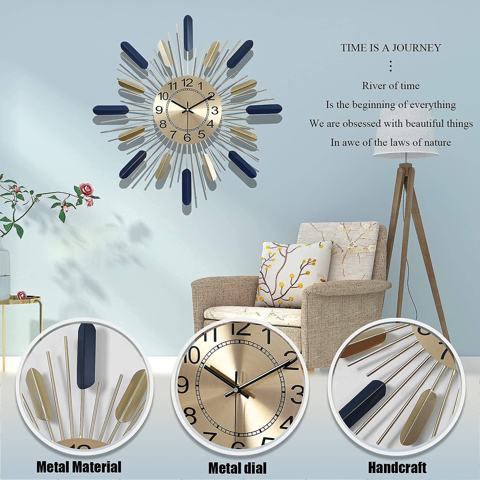 Amazon.co.jp: ミッドセンチュリーモダンブルーメタルウォールクロック