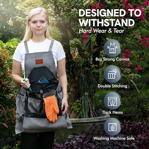 Miniatura 4 de Delantal de jardinería con bolsillos para mujeres y hombres, delantal de jardín con 7 bolsillos y bolsa interna con cordón, gran regalo