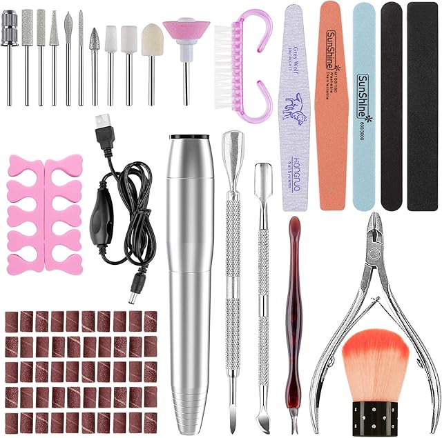 INPHER Professional Electric Nail Drill Files for Beginner Adjustable Speed USB Powered Manicure and Pedicure Kit with 11pcs Nail Drill Bits for Removing Acrylic Gel Nail, Shaping, Polishing