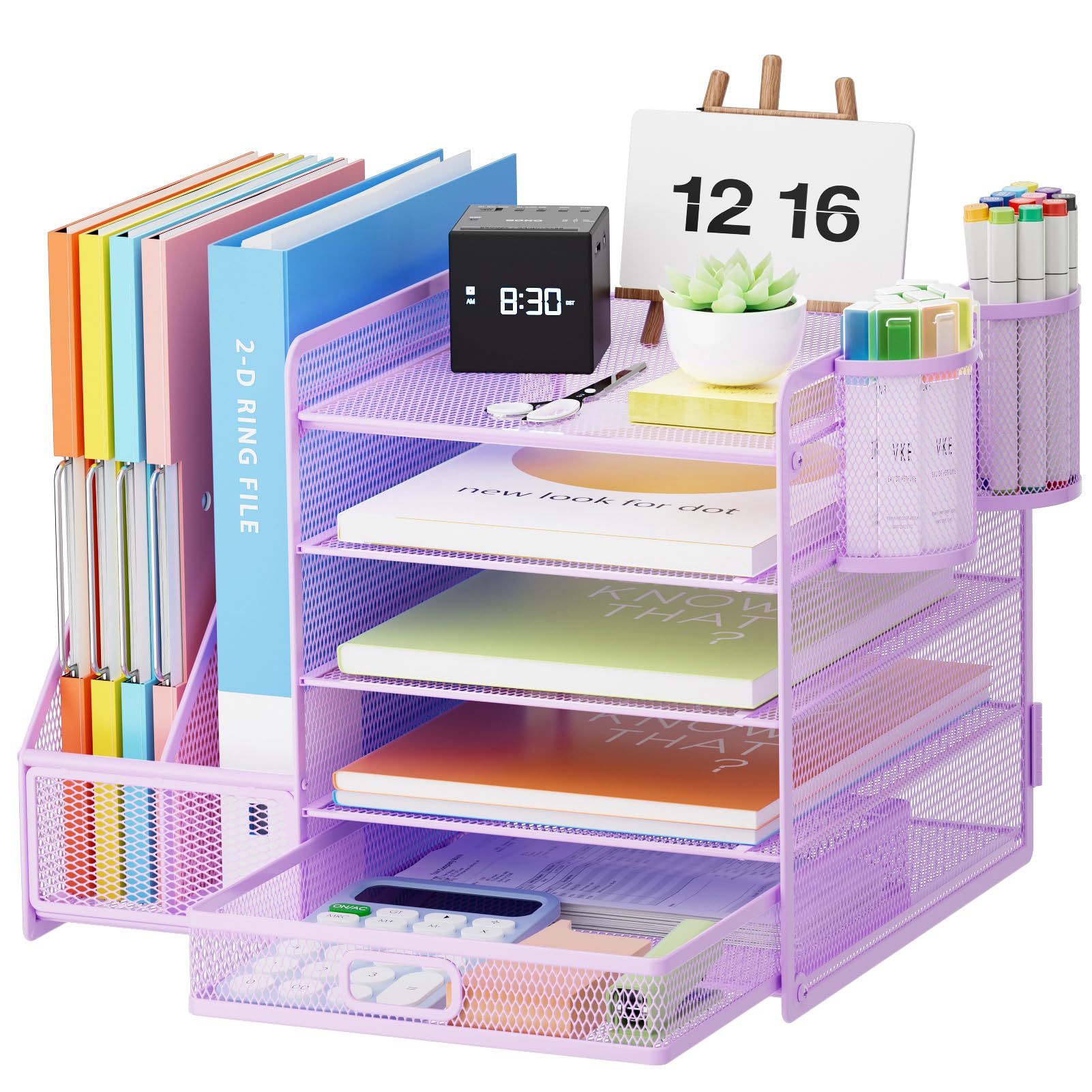 Marbrasse Desk Organizer with File Holder, 5-Tier Paper Letter Tray Organizer with Drawer and 2 Pen Holder, Mesh Desktop Organizer and Storage with Magazine Holder for Office Supplies(Purple)