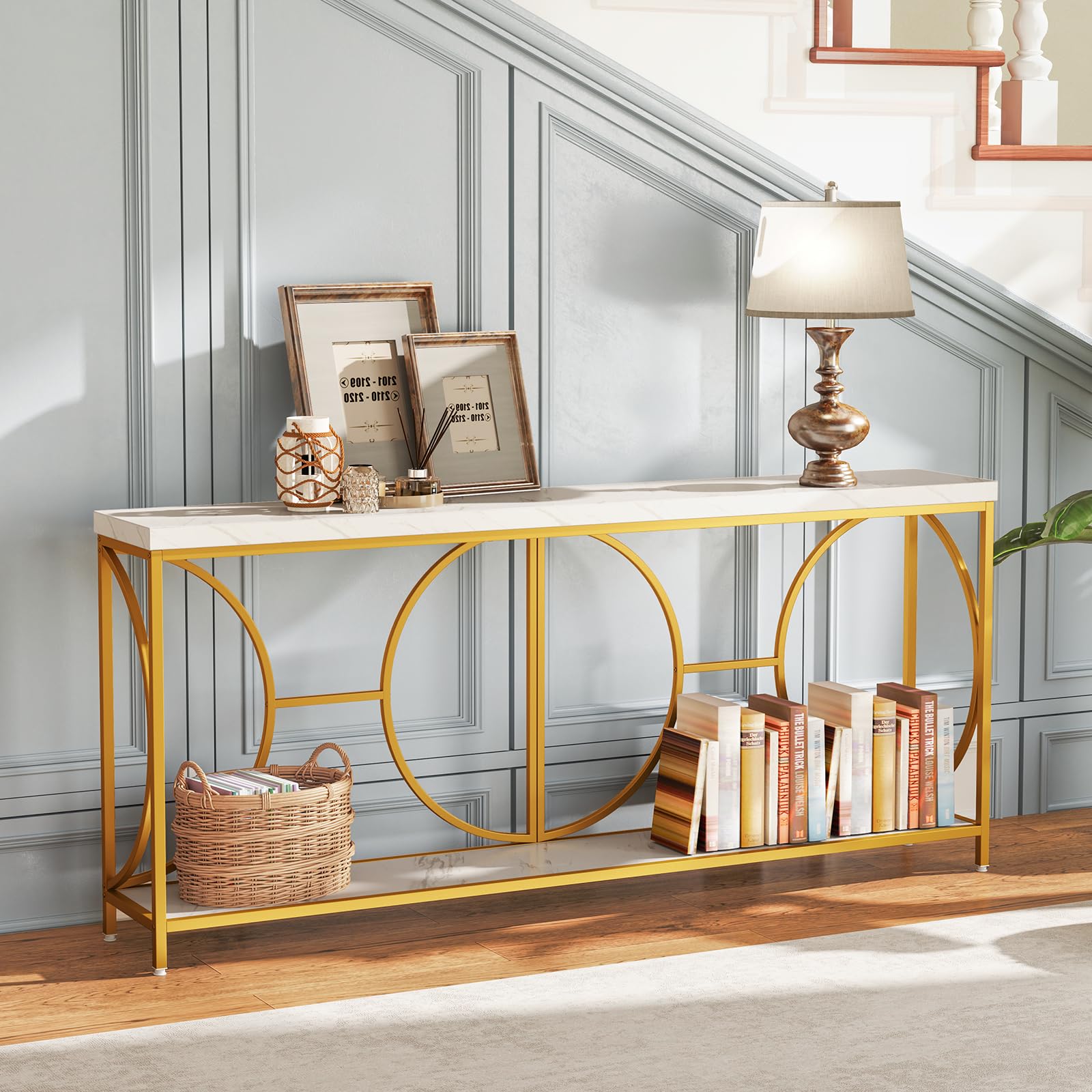 COSTWAY Mesa Consola de 2 Niveles con Superficie de Mármol Falso, Entrada Recibidor, Marco de Metal Resistente, Mesa Auxiliar Larga para Sofá, Mesa de Acento Moderna con Estante, 180 x 30 x 80 cm
