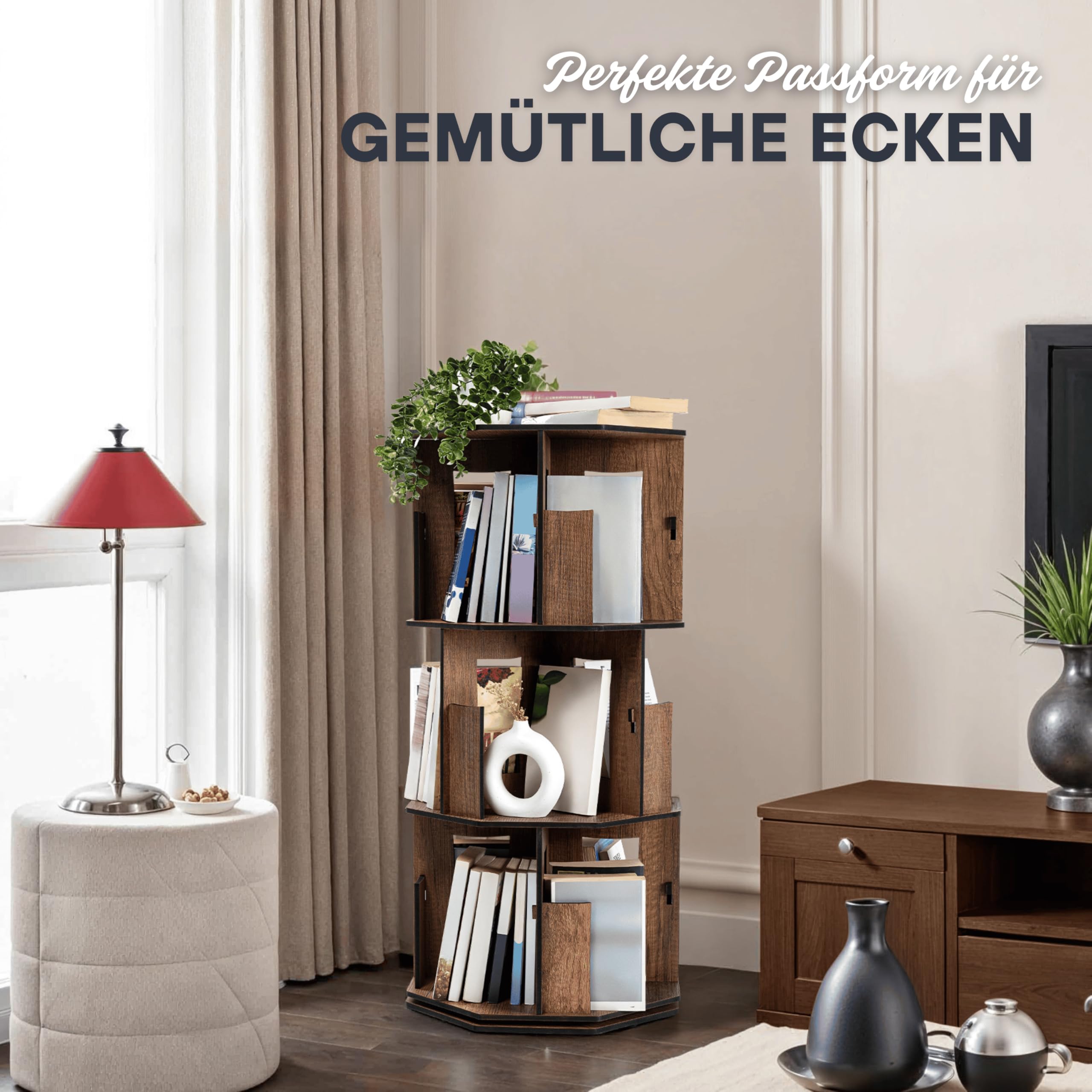 Vigo Wood bücherregal klein in Eichenoptik – 3 stufiges drehbares Bücherregal aus Verbundholz, platzsparend & modern für Kinder bücherregal, bücherschrank (Walnuss, 3 Regale)