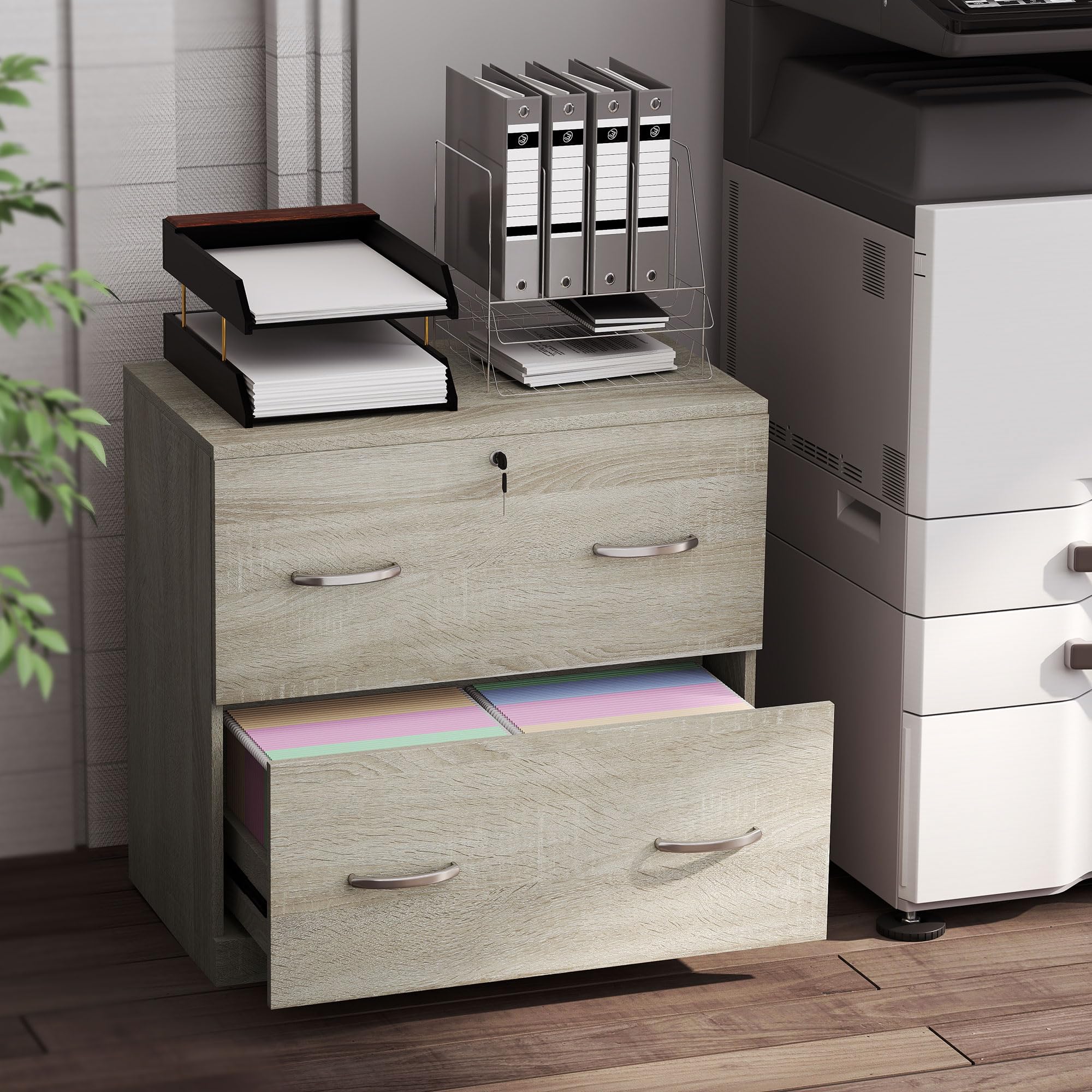 Vinsetto Commode de bureau avec 2 tiroirs avec guides pour dossiers suspendus pour serrure A4 et 2 clés pour studio salon 74 x 42 x 72 cm Naturel