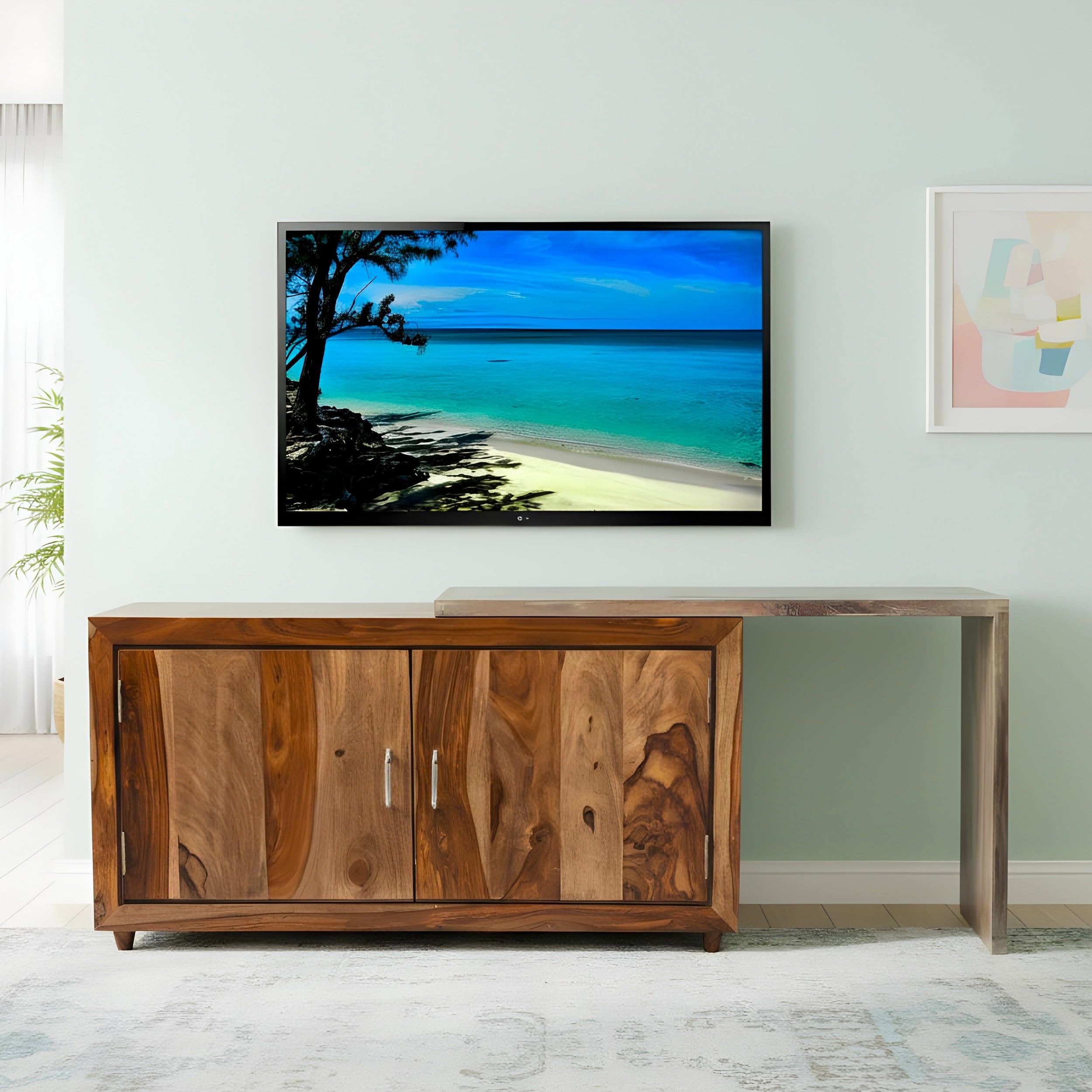 Ikiriya Sheesham Wood TV Cabinet with Door Storage Wooden Television Entertainment Unit for Bedroom Living Room Home (Teak with Rustic Grey Finish)-image-12