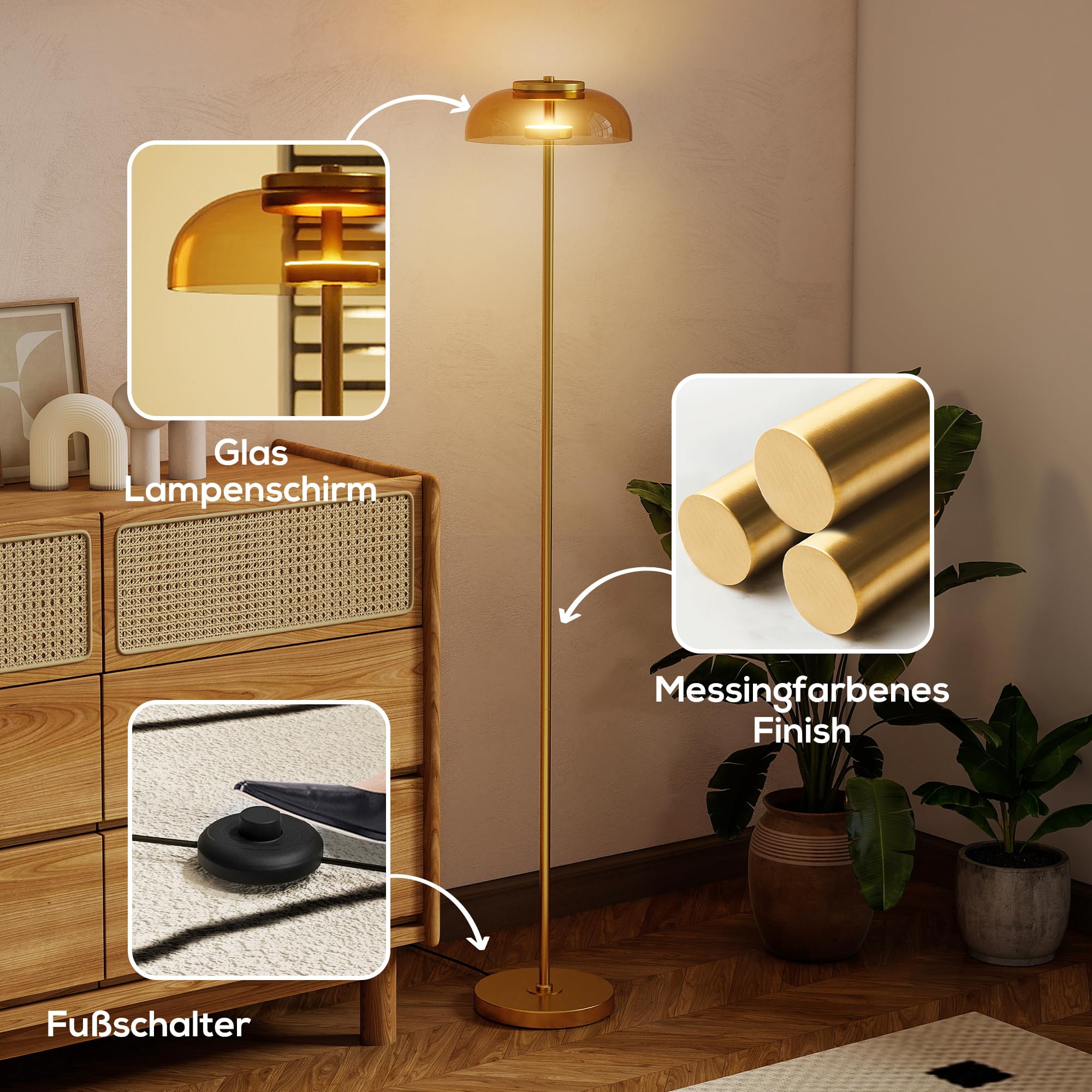 HOMCOM LED Stehlampe für Wohnzimmer, Standleuchte, Warmes 3000K, Messing | Stehleuchte mit Fußschalter, Standleuchte für Schlafzimmer und Wohnzimmer, Glühbirne Nicht Enthalten