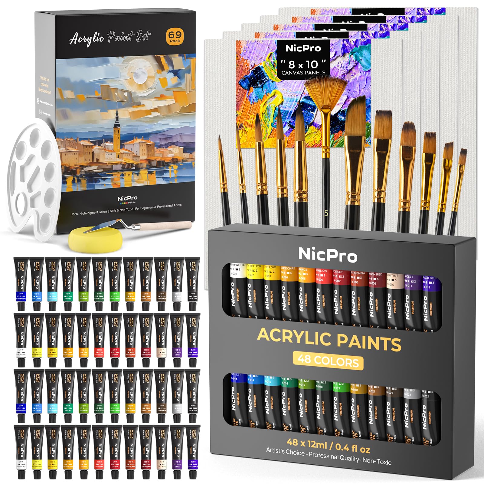Nicpro 69PCS Acrylic Paint Canvas Set, Art Painting Supplies Kit with 48 Paints, 5 Canvas Panels,12 Brushes, Sponge, Palette, Color Wheel, Sip and Paint Kit for Artist Beginner-image-12