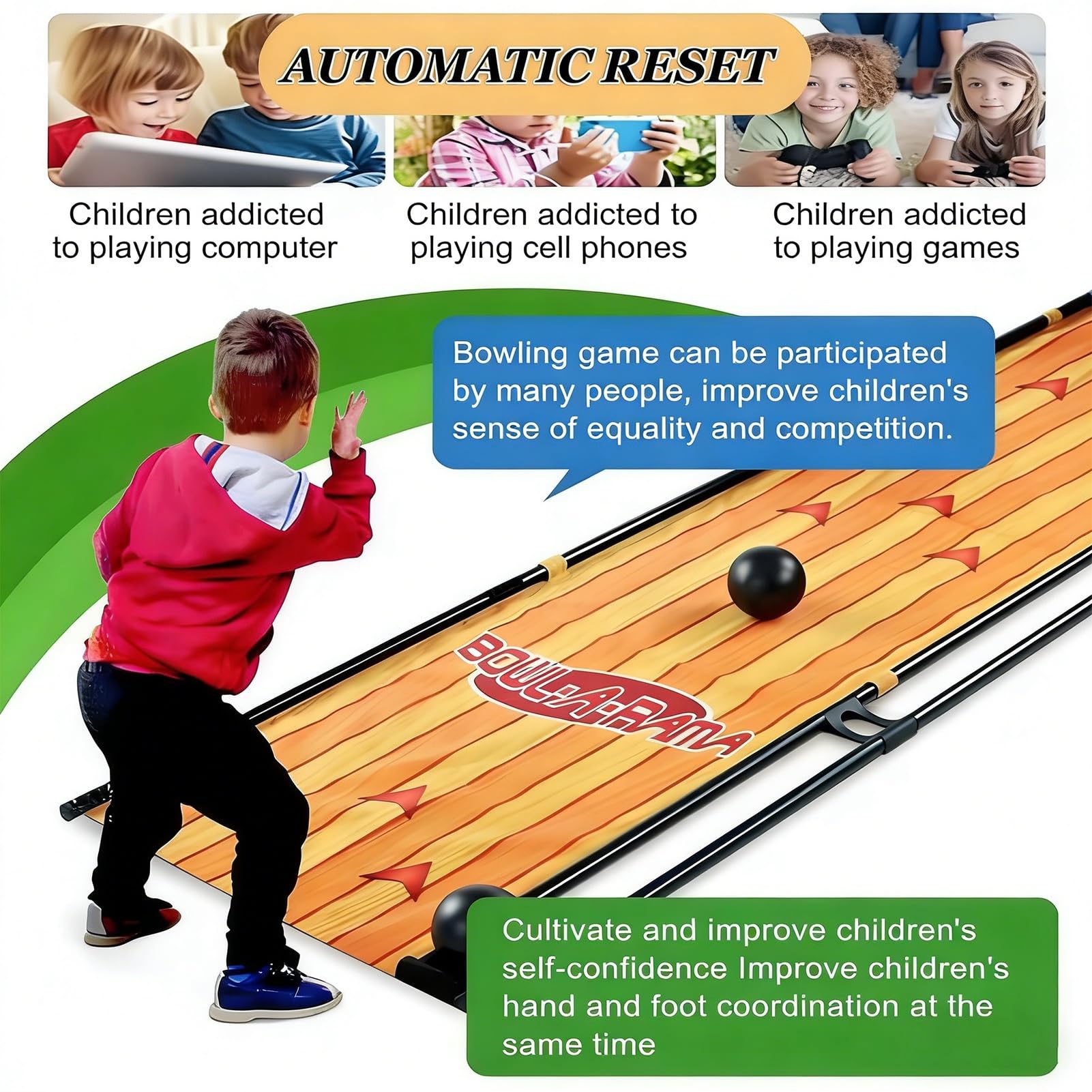Elektronisches Bowling-System für Innen - Faltbarer Heim-Arcade-Automat mit Automatischem Pin-Reset, LED-Anzeige & Sound - Mobiles Tisch-Sportspiel für Familie & Partykeller(3.5m/11ft)